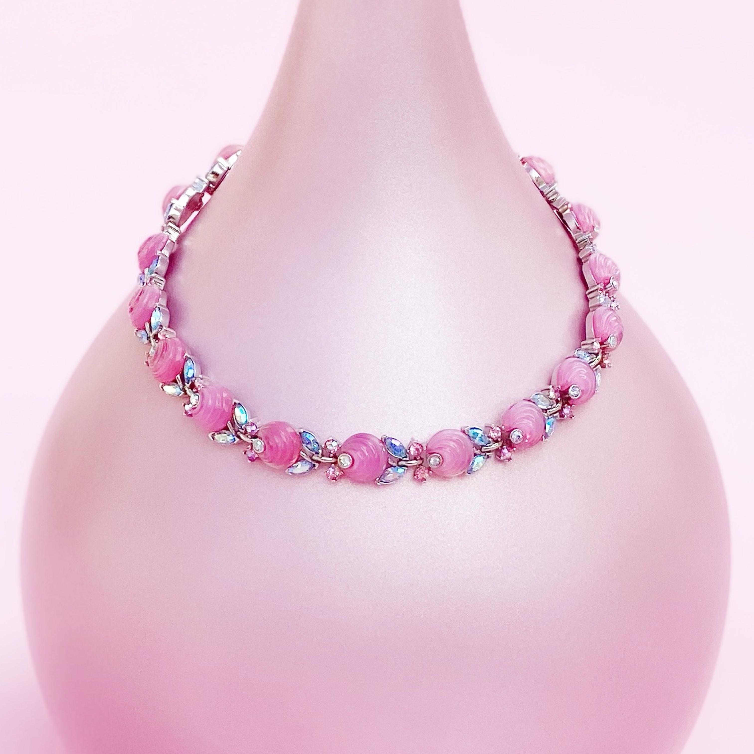 Women's Bubblegum Pink Molded Glass Choker Necklace w AB Rhinestones By Trifari, 1960s