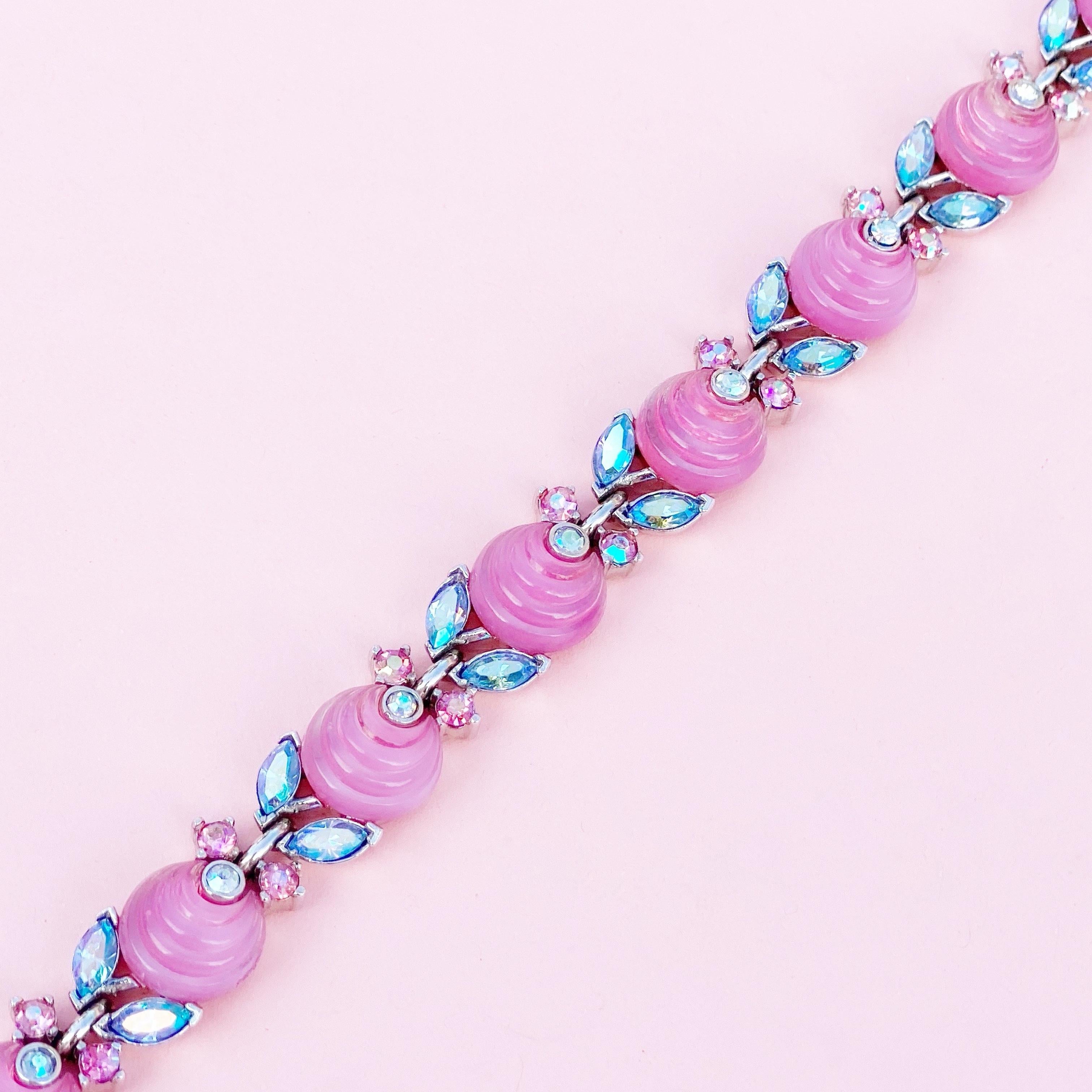 Bubblegum Pink Molded Glass Choker Necklace w AB Rhinestones By Trifari, 1960s 1