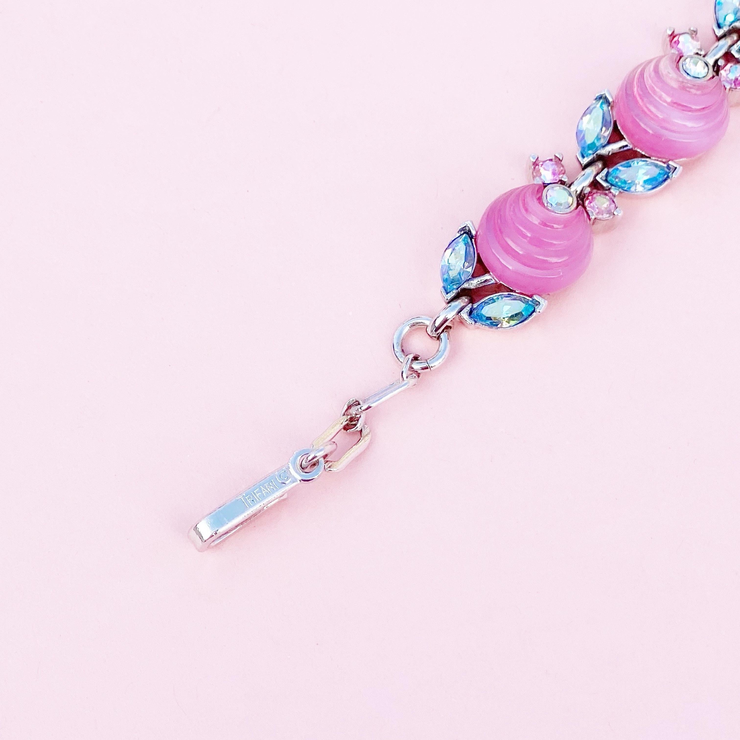 Bubblegum Pink Molded Glass Choker Necklace w AB Rhinestones By Trifari, 1960s 2