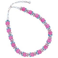 Bubblegum Pink Molded Glass Choker Necklace w AB Rhinestones By Trifari, 1960s