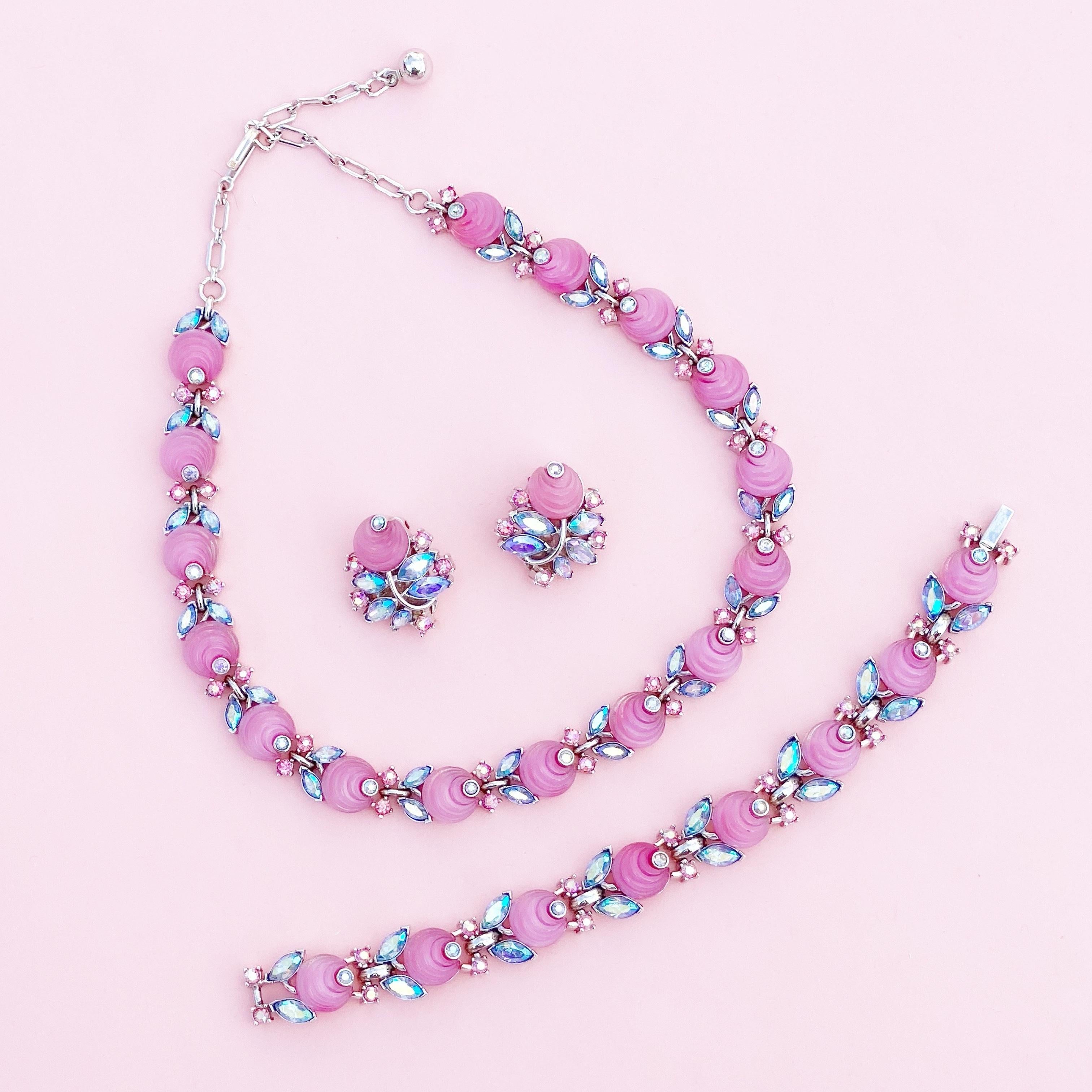 Bubblegum Pink Molded Glass Climber Earrings w AB Rhinestones By Trifari, 1960s 1