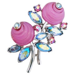 Bubblegum Pink Molded Glass w Aurora Borealis Crystal Brooch By Trifari, 1960s