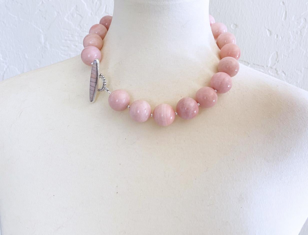 Round Cut Bubblegum Pink Peruvian Opal 20mm Round Beaded Necklace with Sterling Toggle 