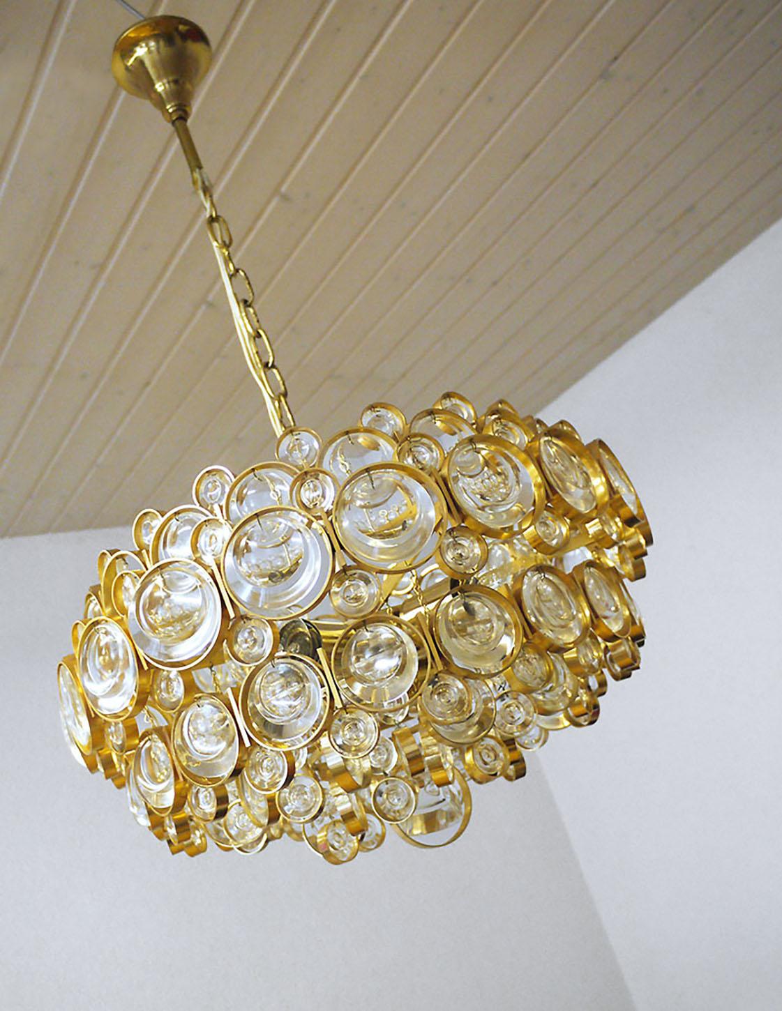 Gold Plate Bubbles Chandelier Crystal & Gilt Brass by Gaetano Sciolari, Palwa, Germany 1960 For Sale