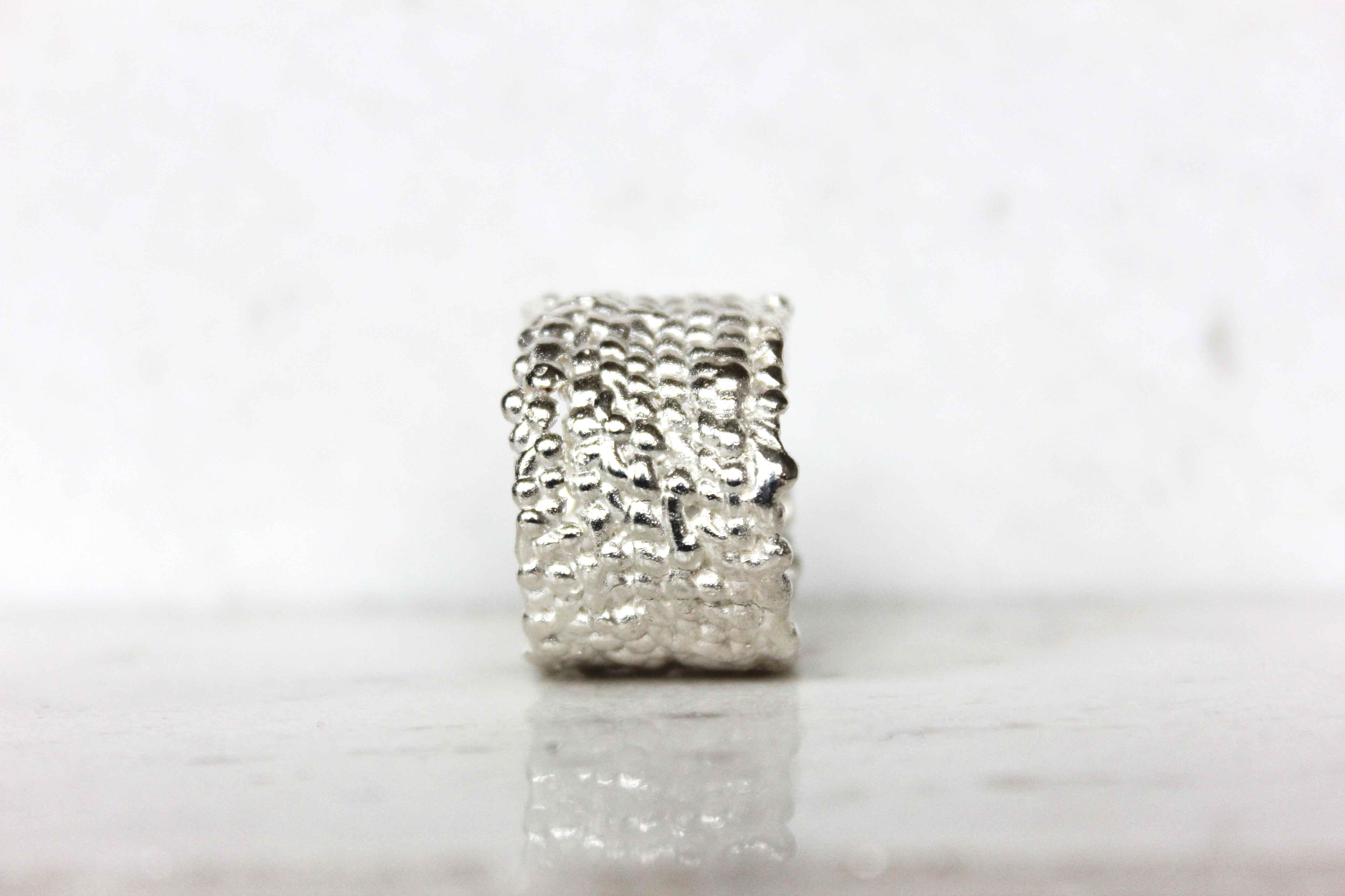 Bubbles chunky silver ring

A chunky silver ring with a textured organic feel.

A statement ring that is made of little tiny different size droplets in sterling silver that create an incredible sparkle which draw attention.

You can choose between a