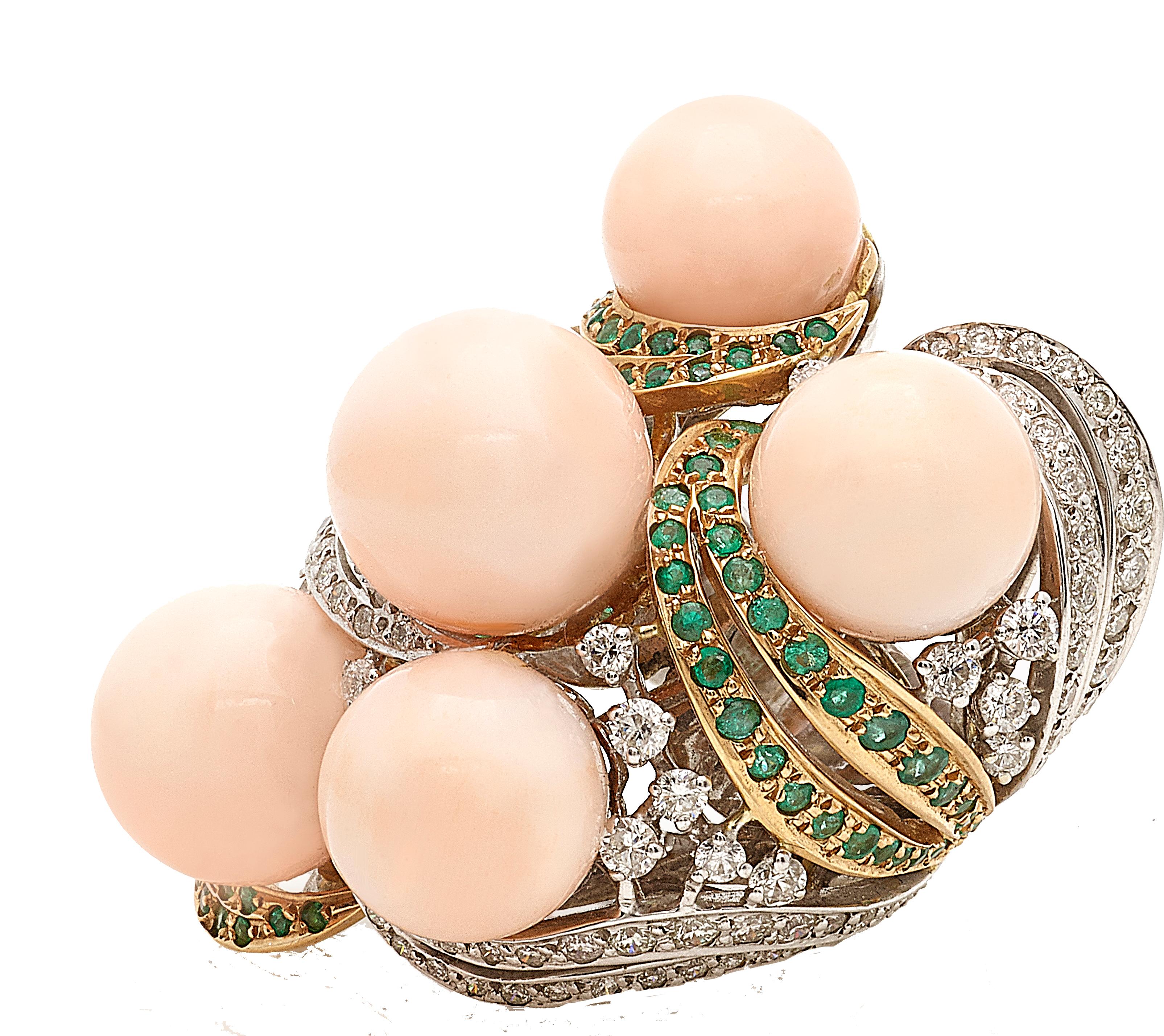 Artisan Bubbles Ring in Pink Coral, Emeralds and Diamonds For Sale