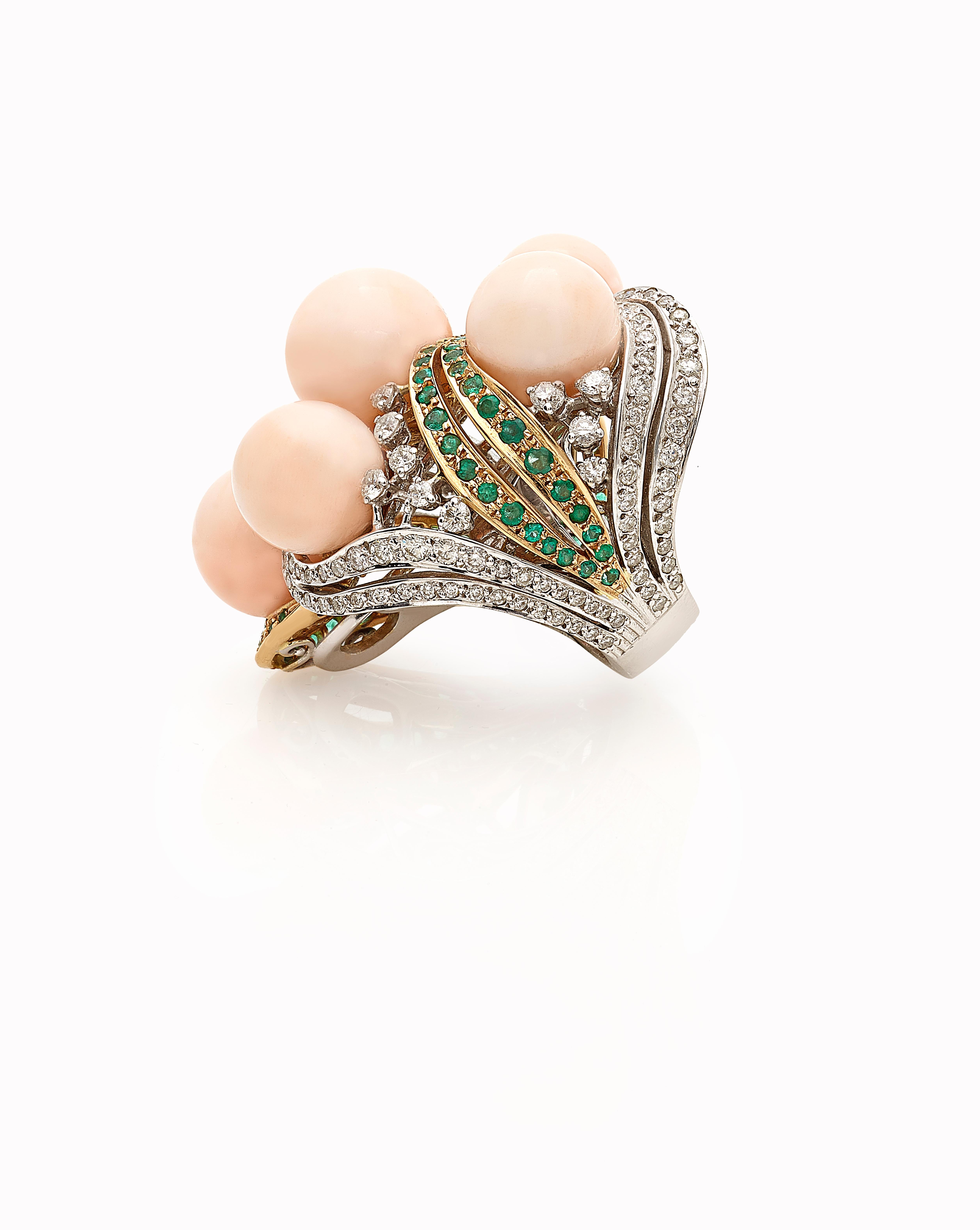 Round Cut Bubbles Ring in Pink Coral, Emeralds and Diamonds For Sale
