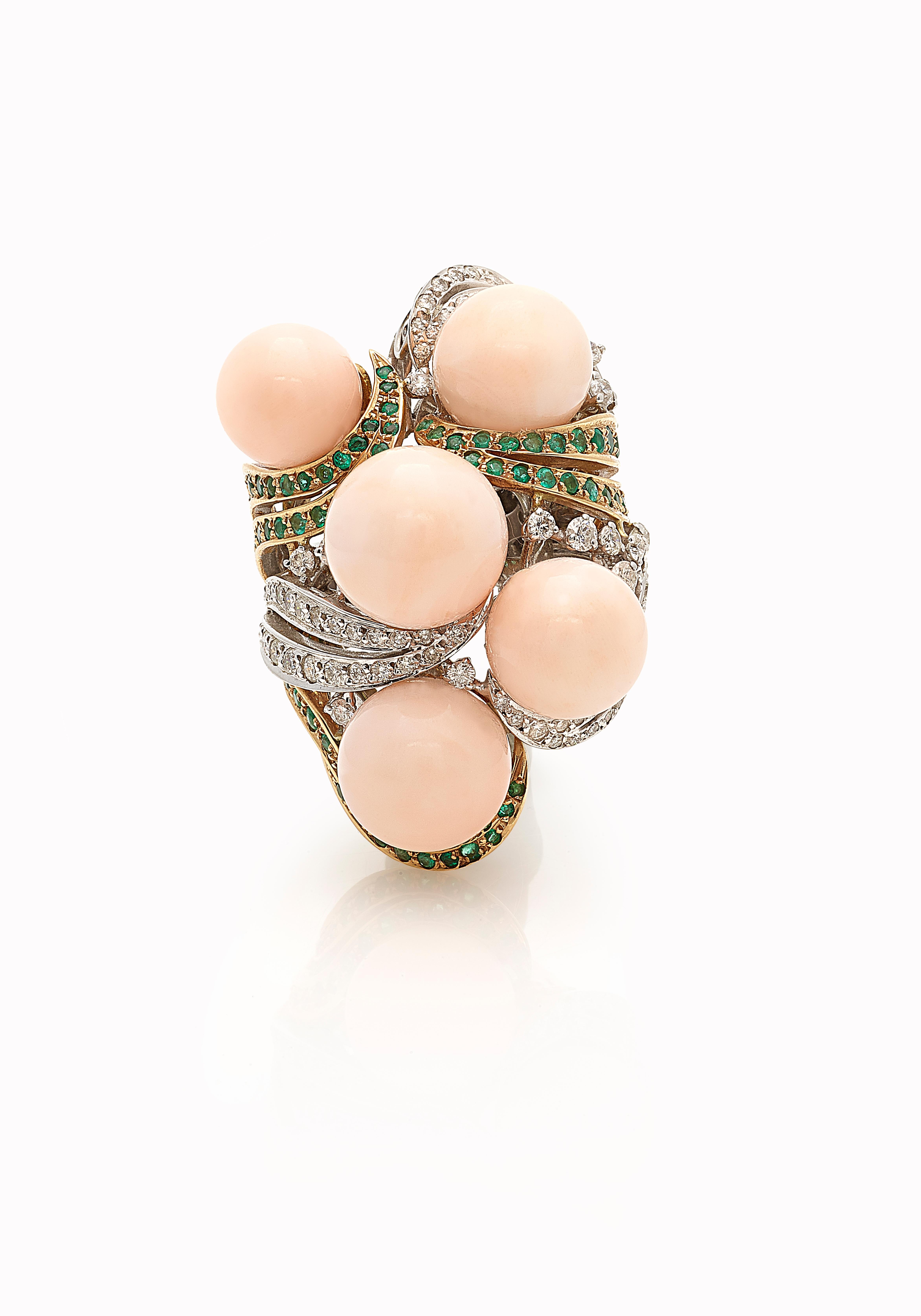 Women's Bubbles Ring in Pink Coral, Emeralds and Diamonds For Sale