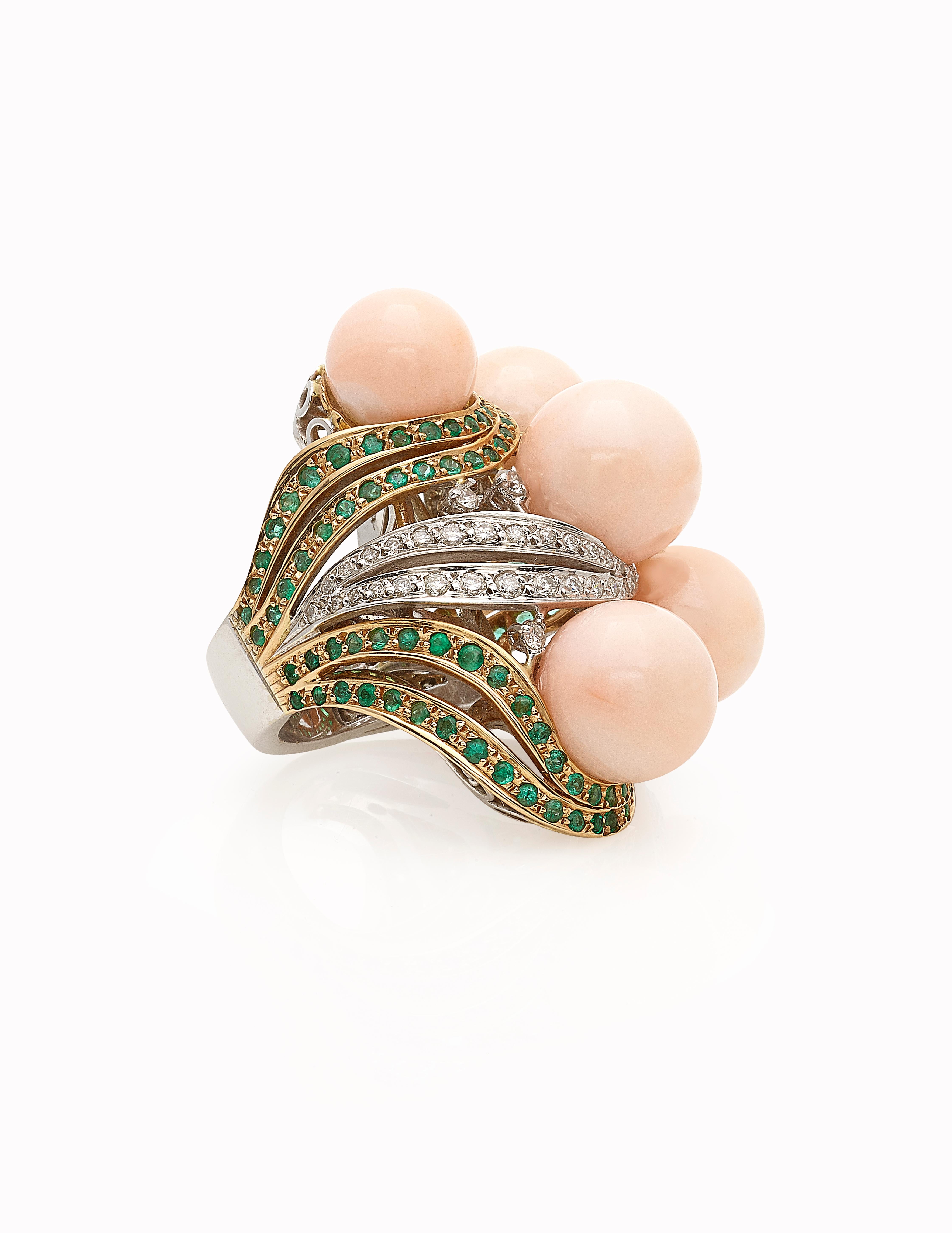 Bubbles Ring in Pink Coral, Emeralds and Diamonds For Sale 1