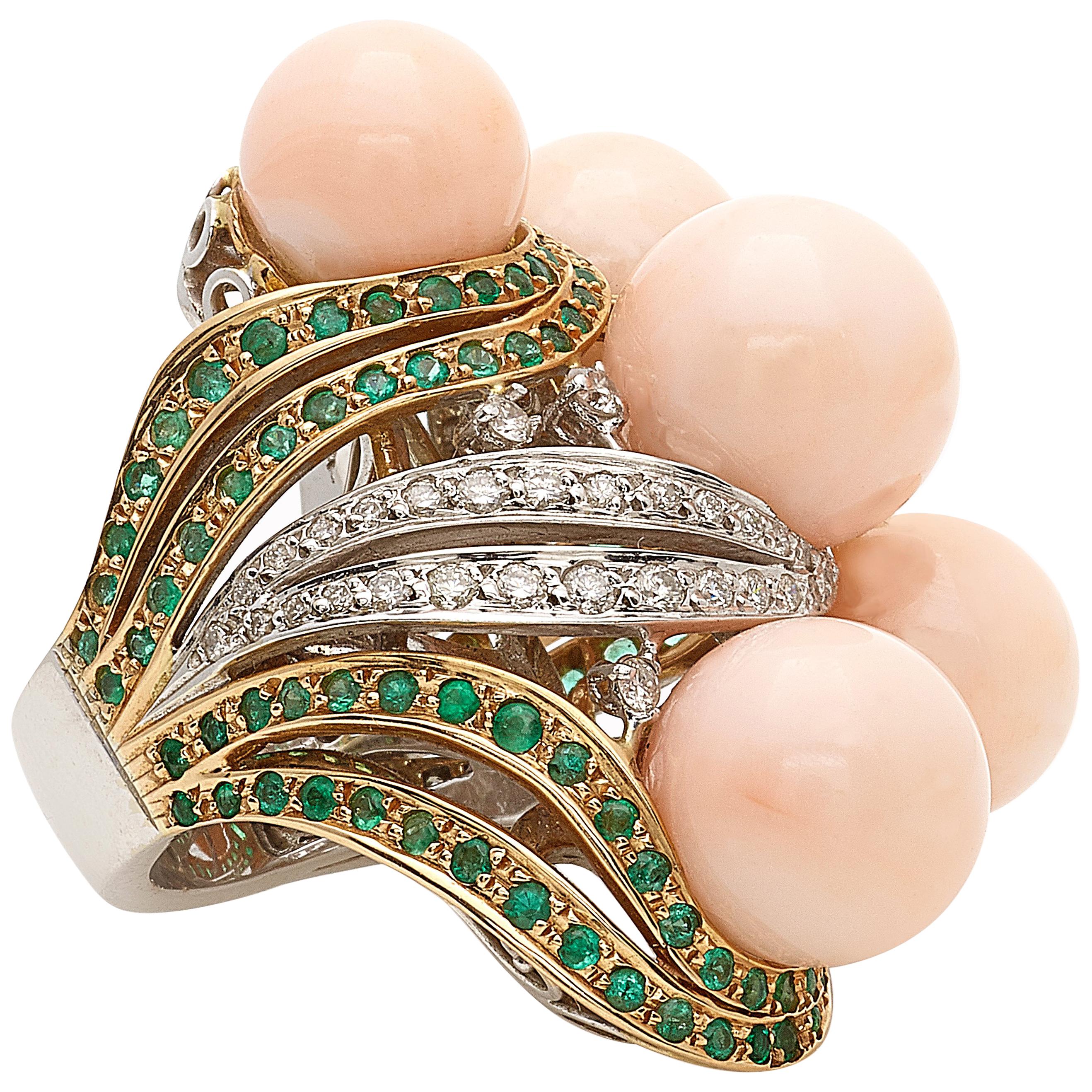 Bubbles Ring in Pink Coral, Emeralds and Diamonds For Sale