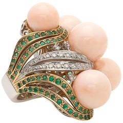 Bubbles Ring in Pink Coral, Emeralds and Diamonds