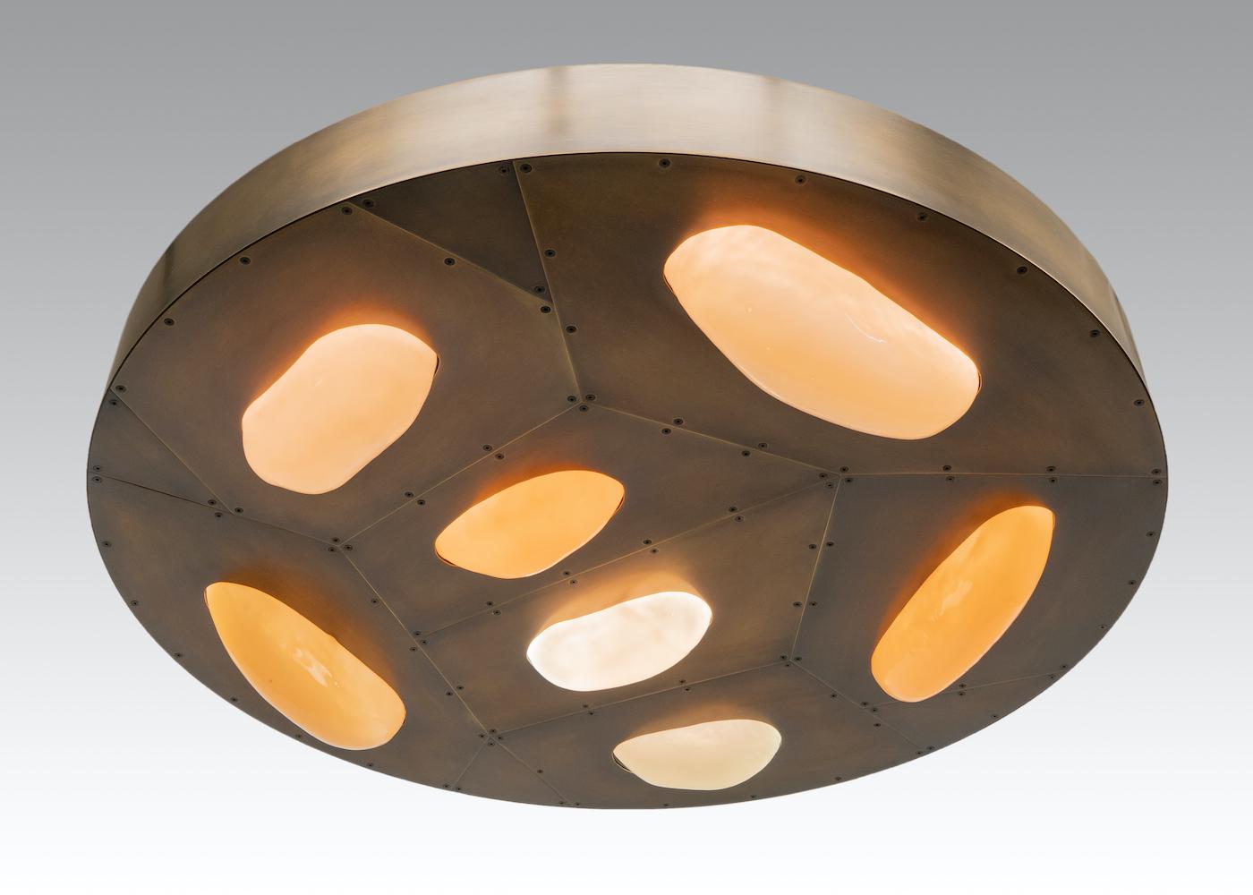 Modern Bubbles Round, Patinated Brass Chandelier with Illuminated Slumped Glass Forms For Sale