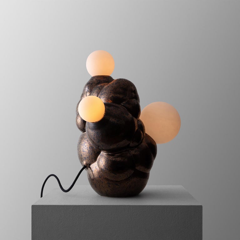Organic Modern Bubbly Botryoidal Ceramic Table Lamp in Bronze Custom Glaze by Forma Rosa Studio For Sale