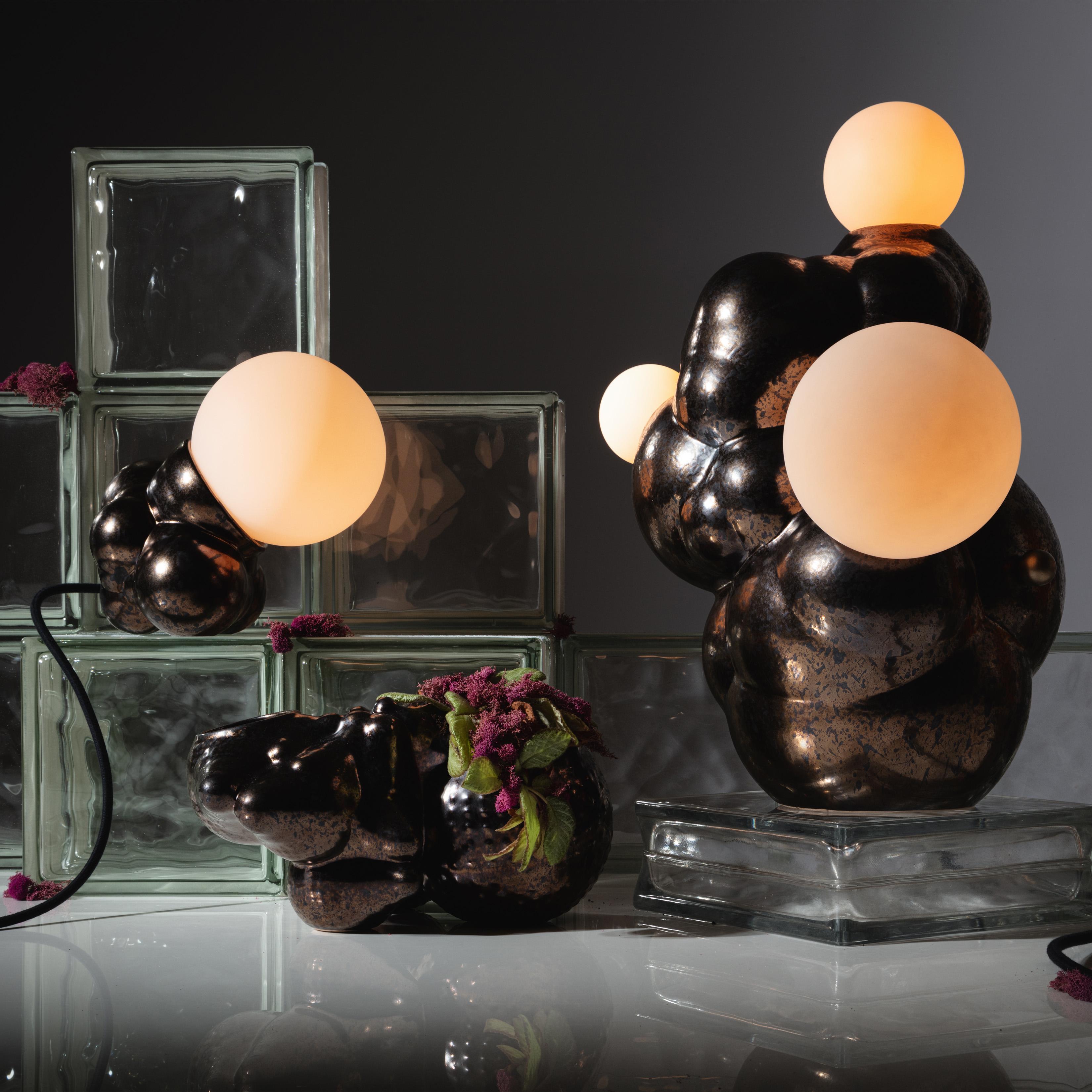 Organic Modern Bubbly Botryoidal Ceramic Table Lamp in Bronze Custom Glaze by Forma Rosa Studio For Sale