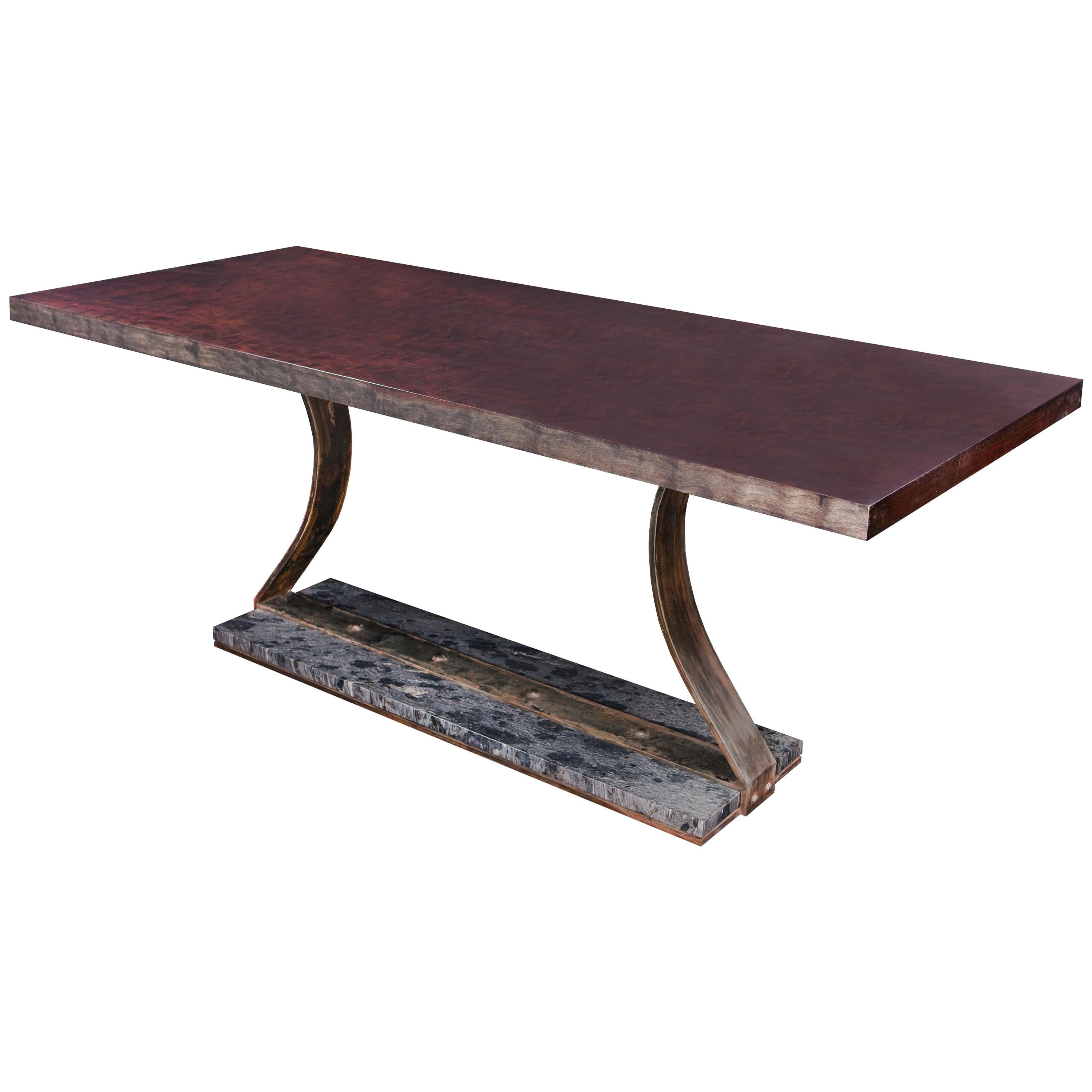 Bubinga Slab Top Banquette Table with Steel and Stone Base For Sale