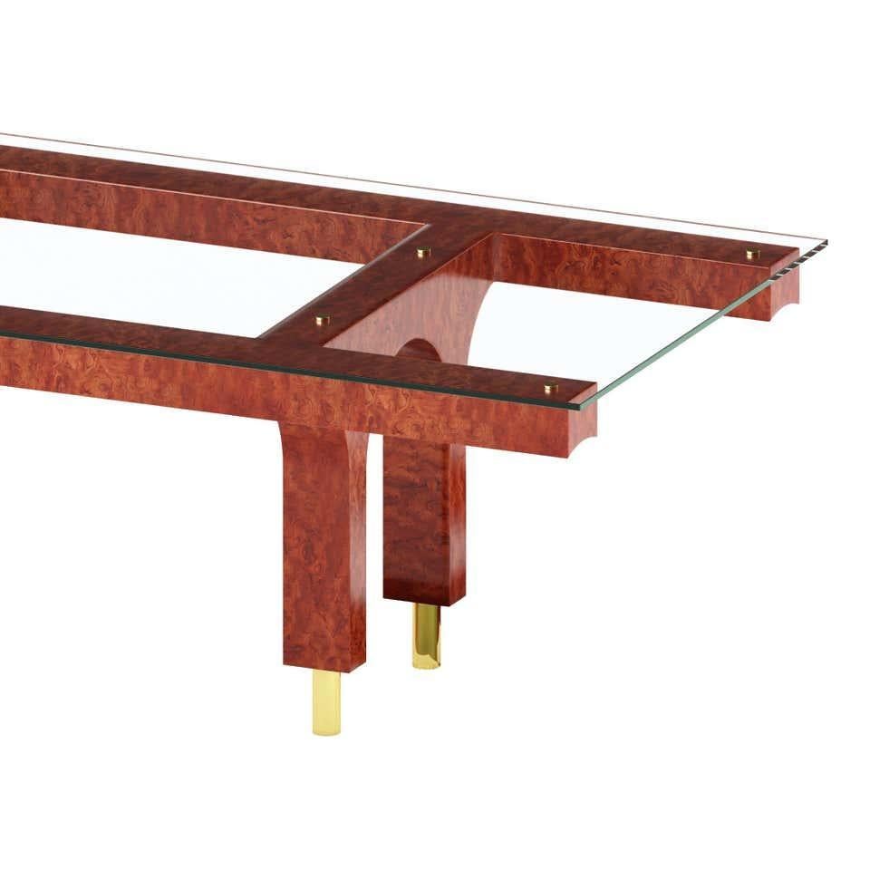 Art déco Table de salle à manger en bois Bubinga avec plateau en verre et pieds en laiton en vente
