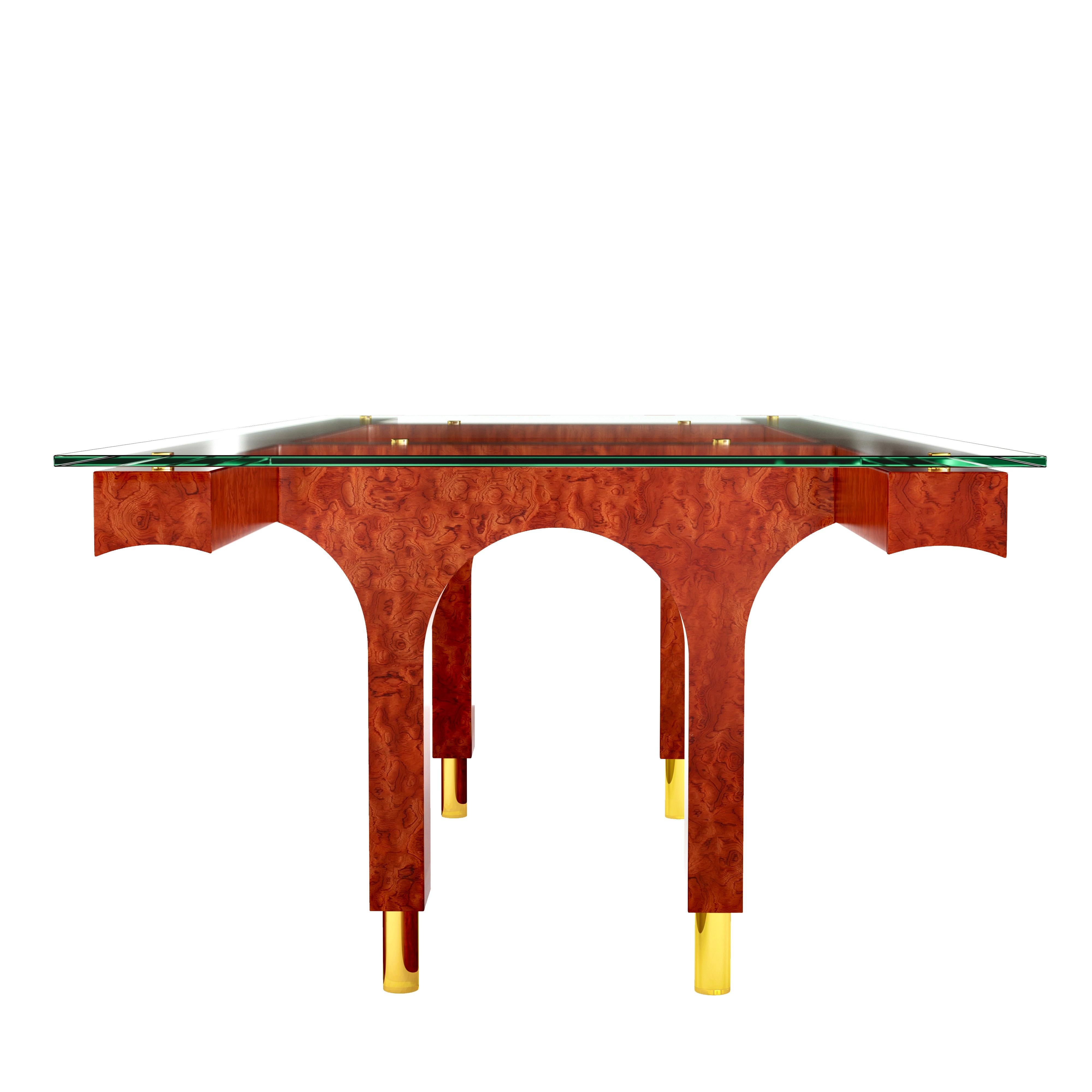 Canadese Tavolo da pranzo in Wood Bubinga con piano in vetro e gambe in ottone in vendita