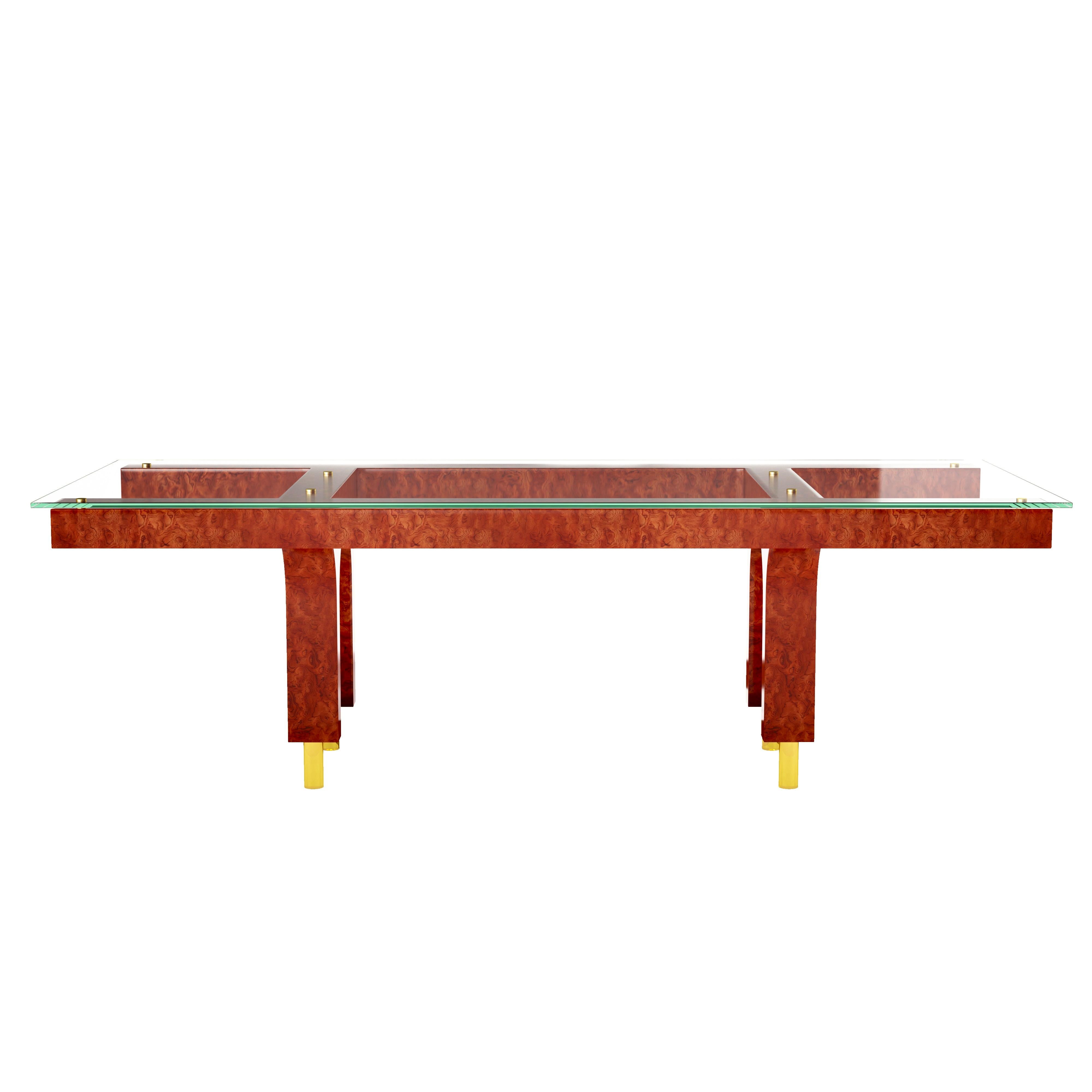 Tavolo da pranzo in Wood Bubinga con piano in vetro e gambe in ottone In condizioni Nuovo in vendita a Toronto, Ontario