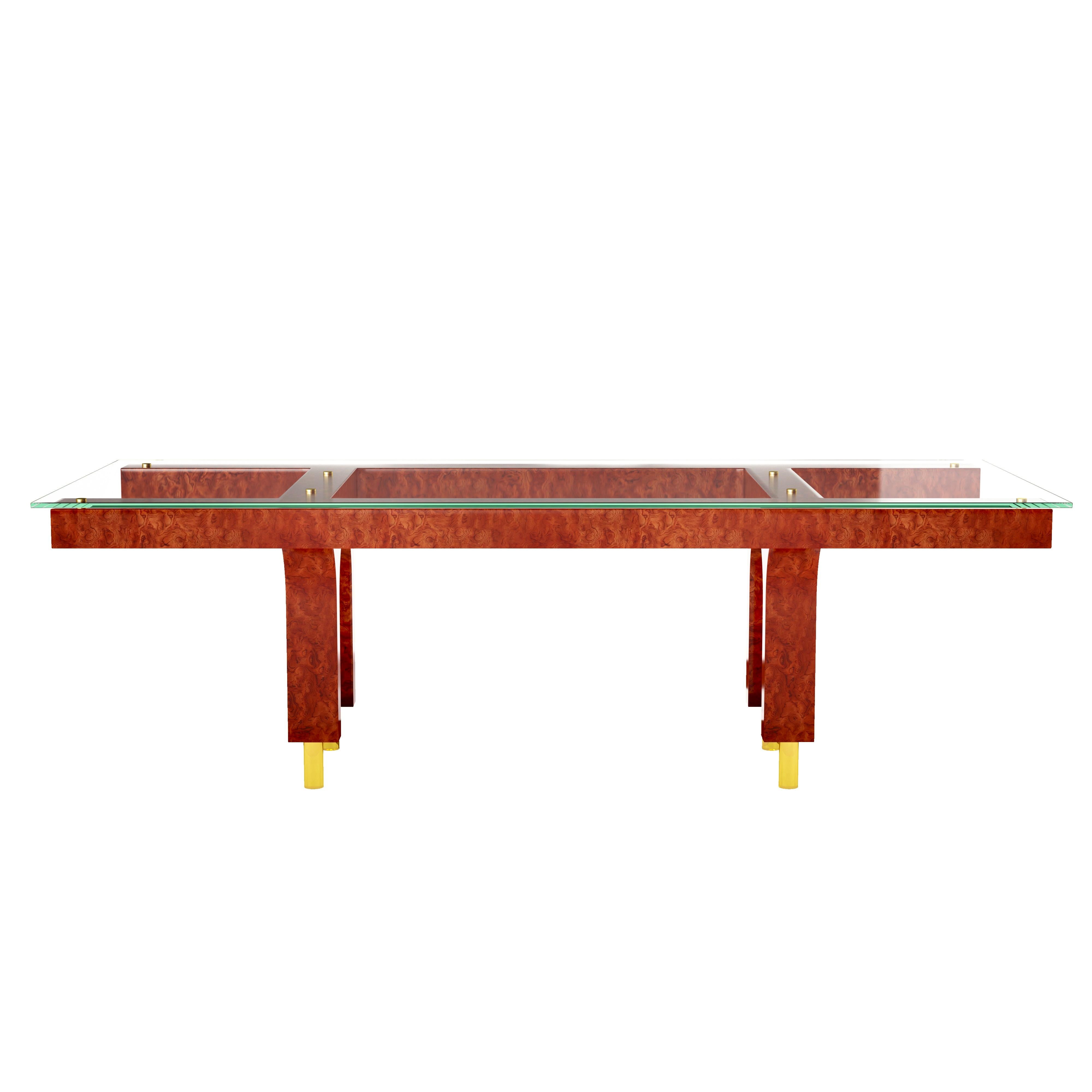 Art Deco Bubinga Wood Dining Table With Glass Top And Brass Legs For Sale