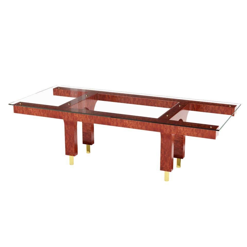 Canadian Bubinga Wood Dining Table with Glass Top and Brass Legs For Sale
