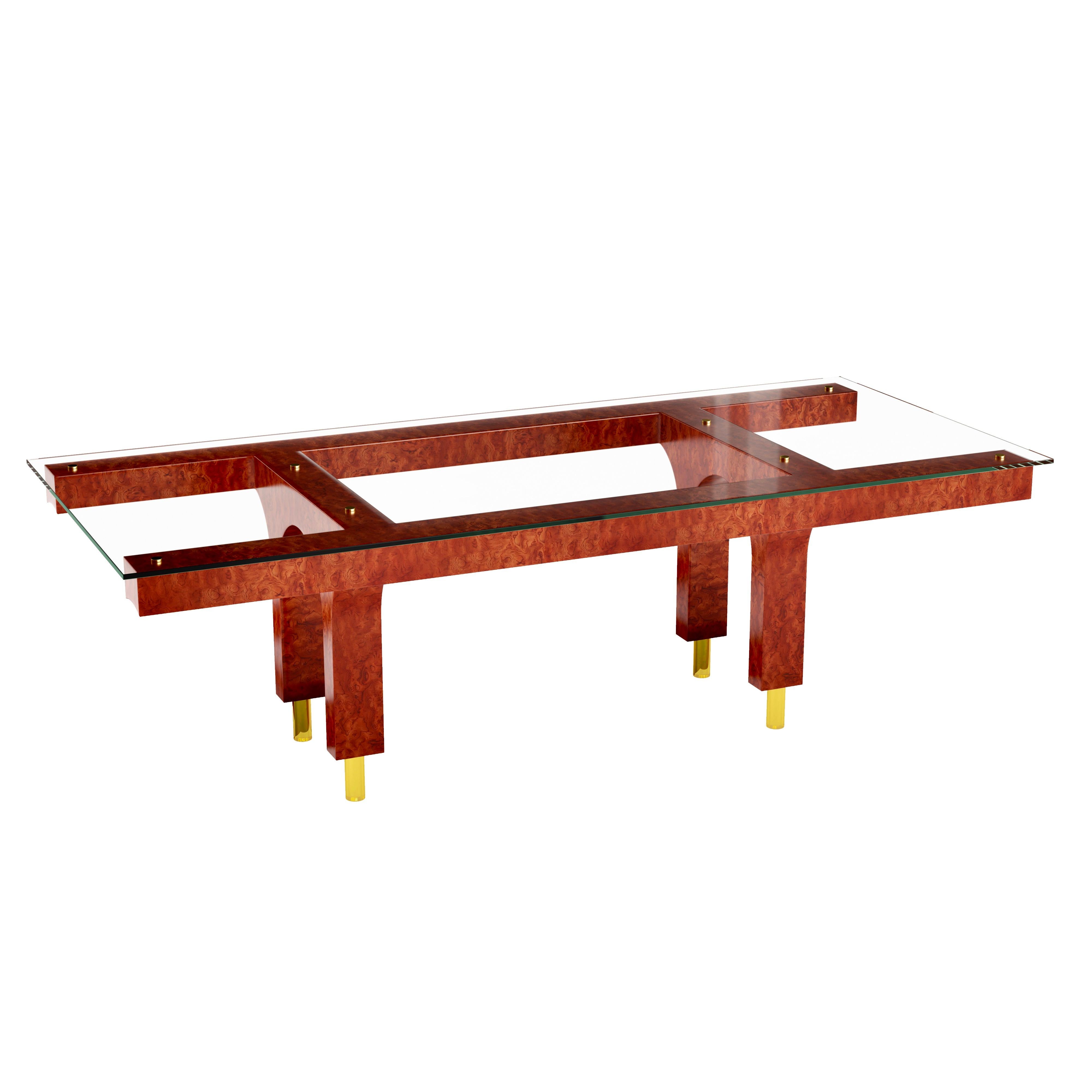 XXI secolo e contemporaneo Tavolo da pranzo in Wood Bubinga con piano in vetro e gambe in ottone in vendita