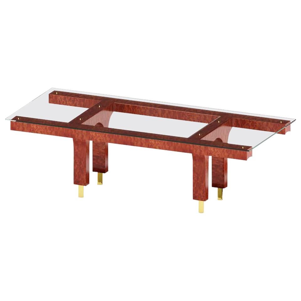 Table de salle à manger en bois Bubinga avec plateau en verre et pieds en laiton en vente