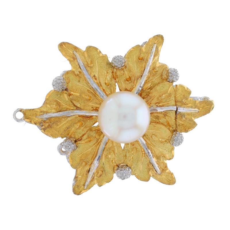 Brand: Buccelati

Metal Content: 18k Yellow Gold & 18k White Gold

Stone Information

Cultured Akoya Pearl

Theme: Floral, Golden Leaves
Features: Brushed, Matte, & Smooth Finishes

Measurements

Tall: 7/8