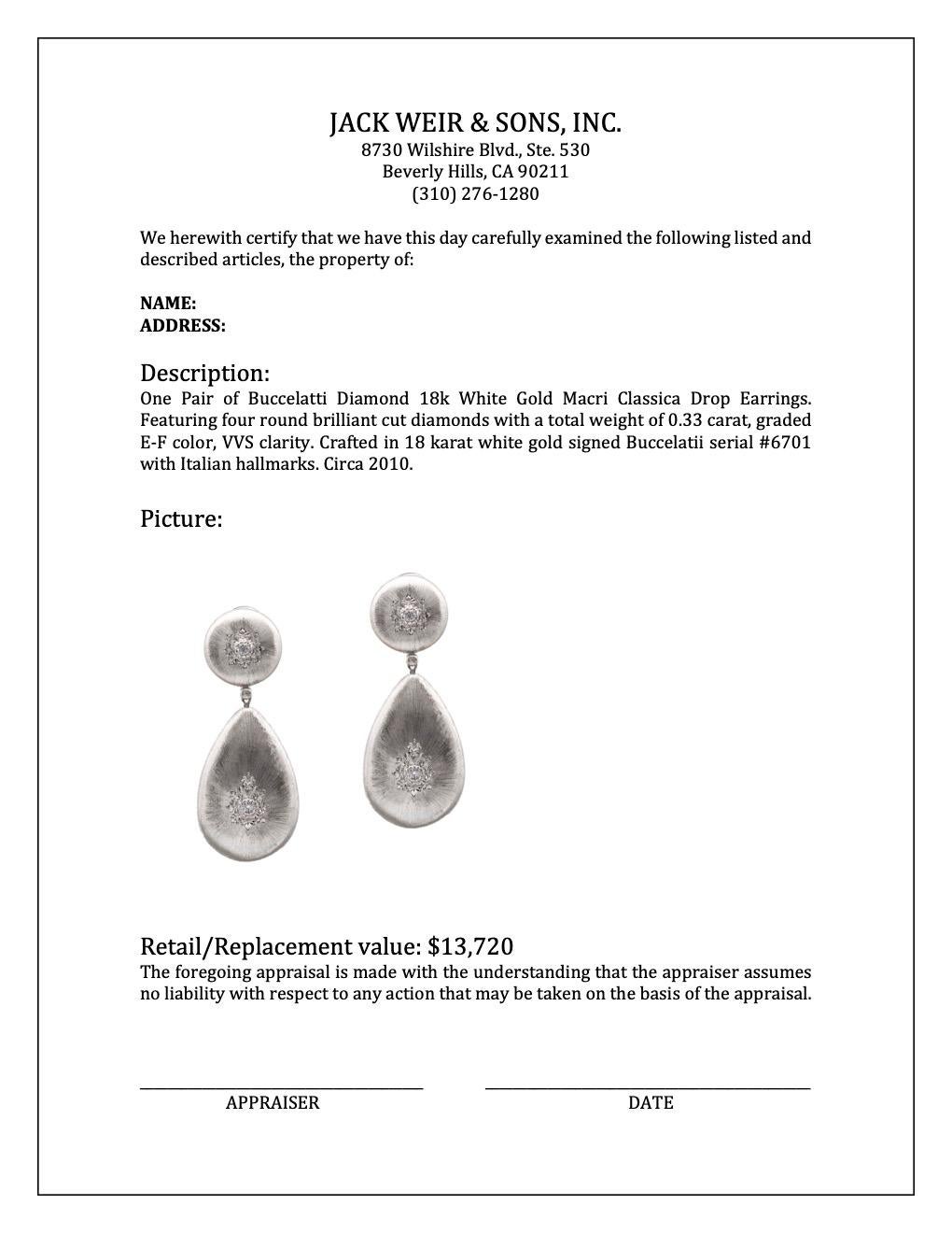 Buccelatti Diamond 18k White Gold Macri Classica Drop Earrings 1