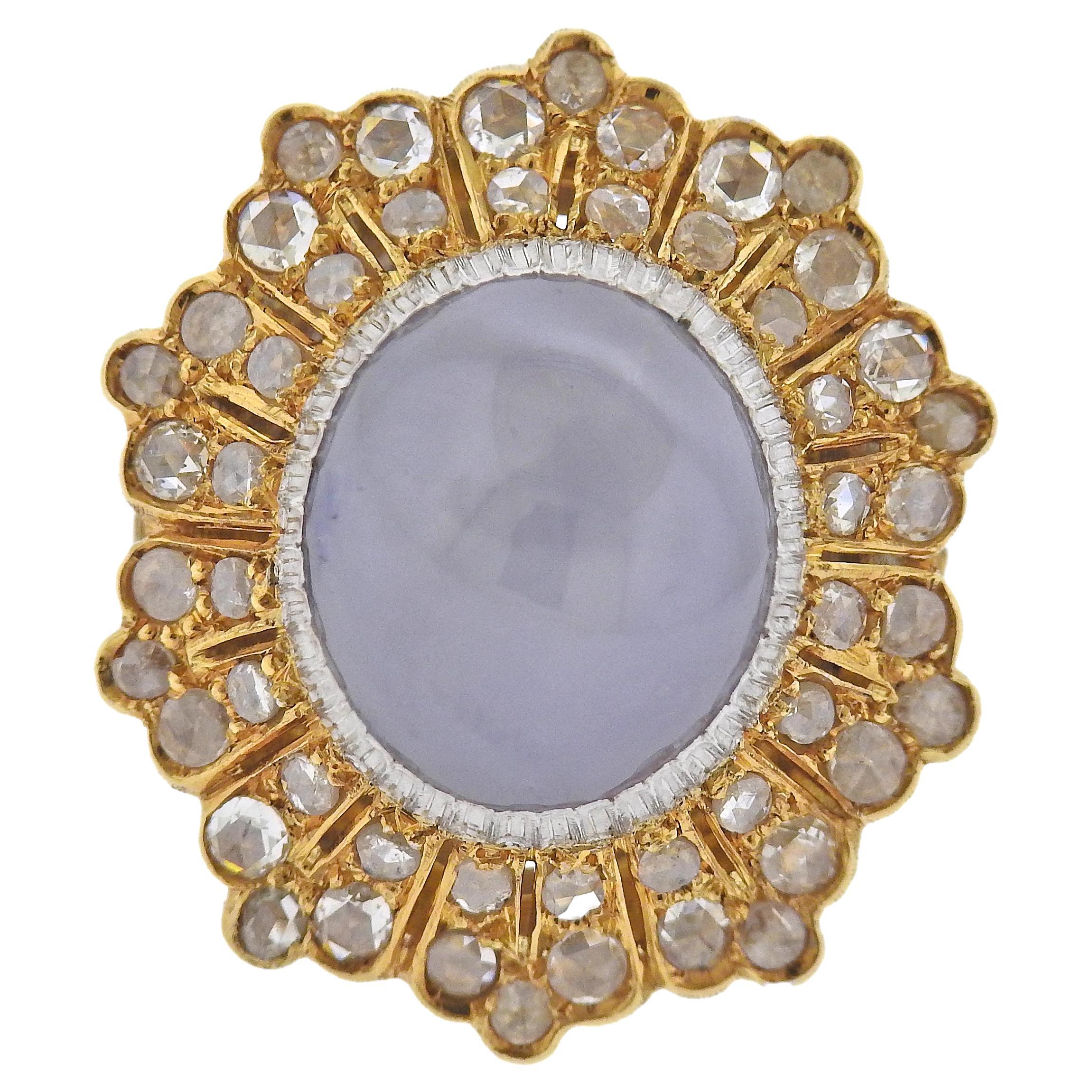 Buccellati 14.97ct Star Sapphire Cabochon Diamond Gold Cocktail Ring For Sale