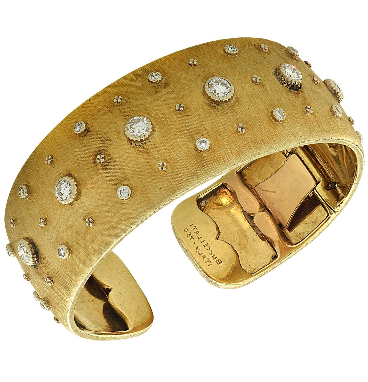 Round Cut Buccellati 18 Karat Brushed Yellow Gold Diamond Cuff Bangle Bracelet