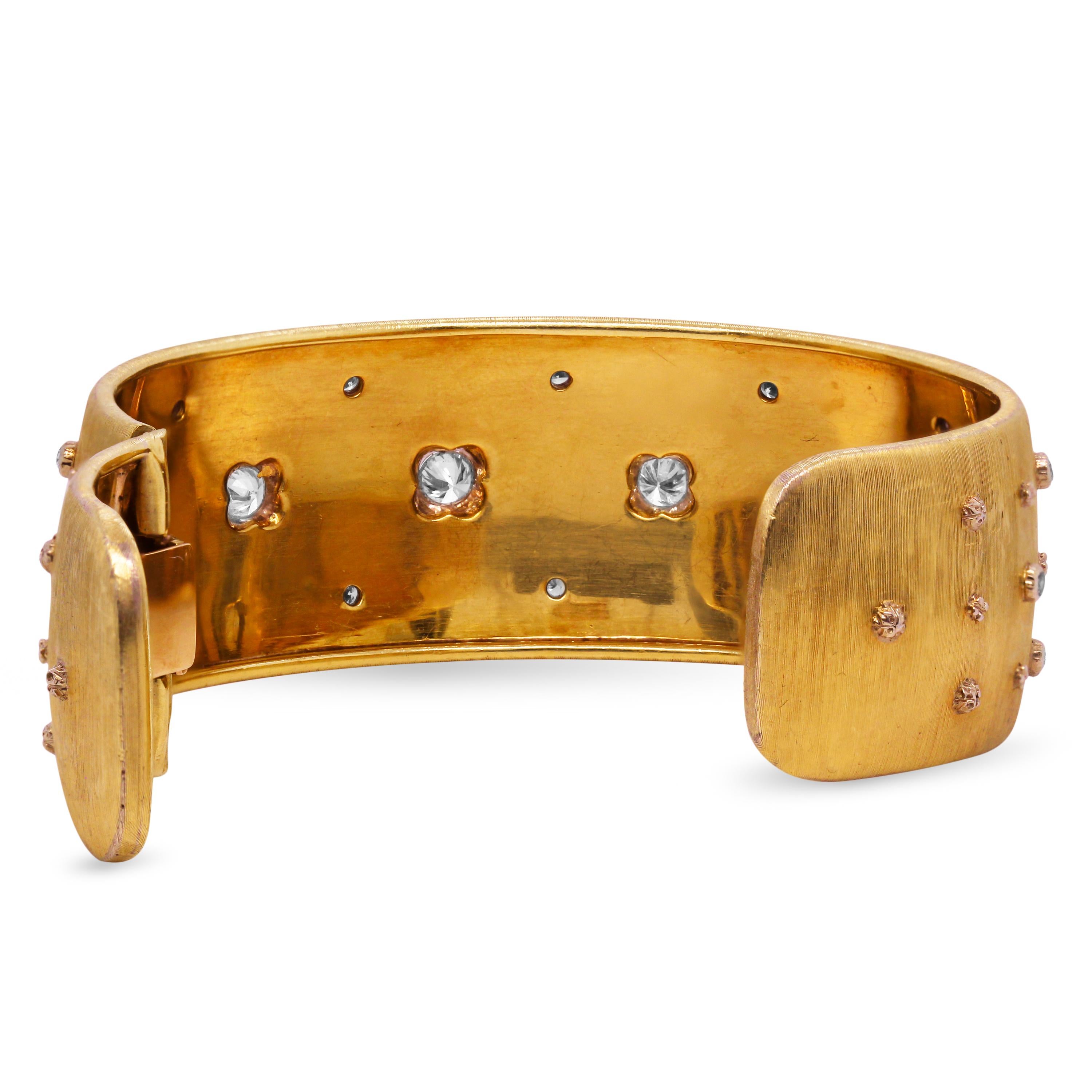 Modern Buccellati 18 Karat Brushed Yellow Gold Diamond Cuff Bangle Bracelet