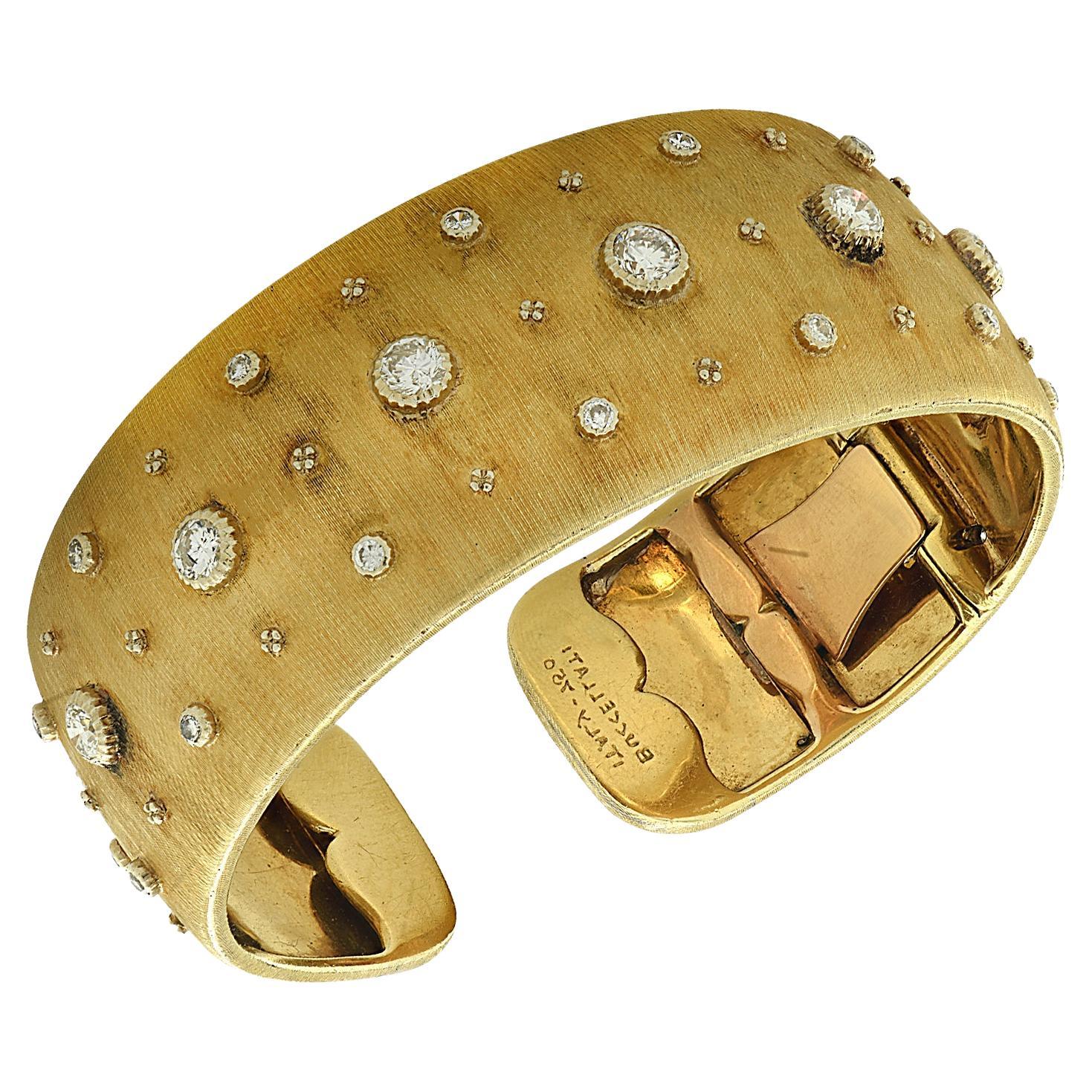 Buccellati 18 Karat Brushed Yellow Gold Diamond Cuff Bangle Bracelet