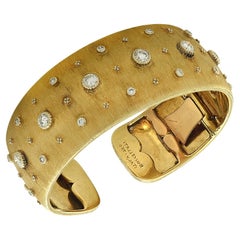 Buccellati 18 Karat Brushed Yellow Gold Diamond Cuff Bangle Bracelet
