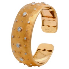 Buccellati 18 Karat Brushed Yellow Gold Diamond Cuff Bangle Bracelet
