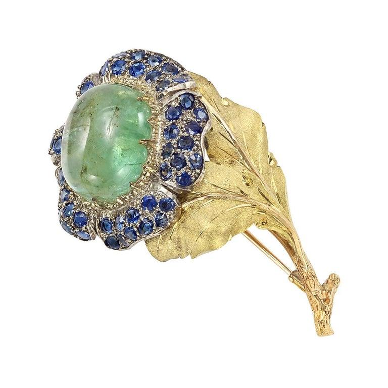Cabochon Buccellati 18 Karat Gold, Emerald and Sapphire Flower Pin For Sale