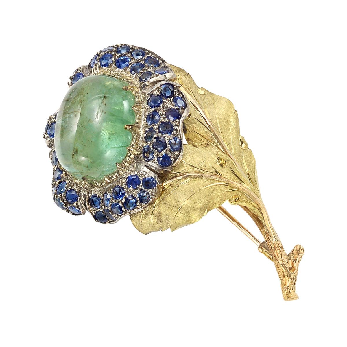 Buccellati 18 Karat Gold, Emerald and Sapphire Flower Pin For Sale