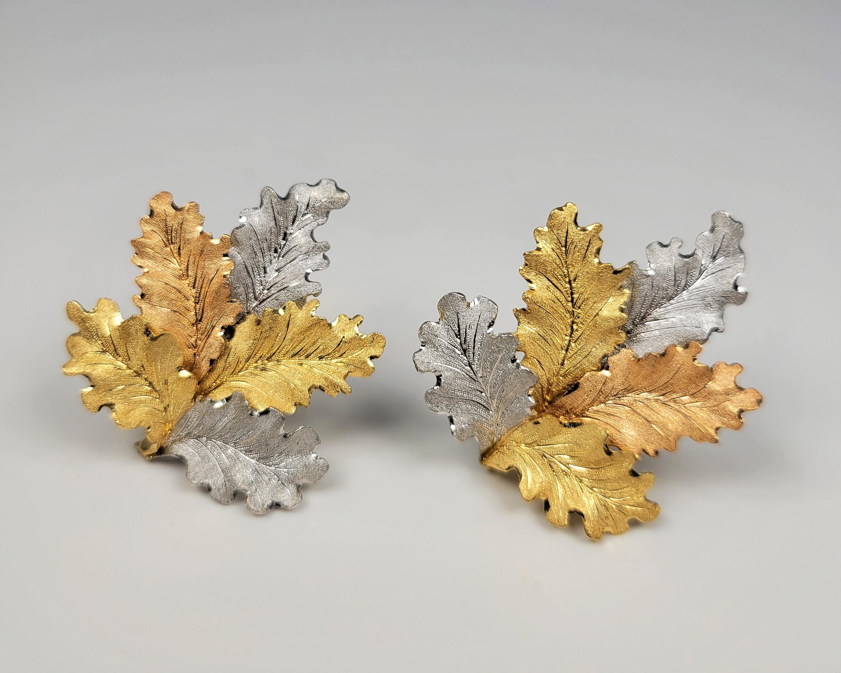 Beautiful 18 karat tri color earrings in a leaf form, by famed designer Buccellati! Clip on with post.