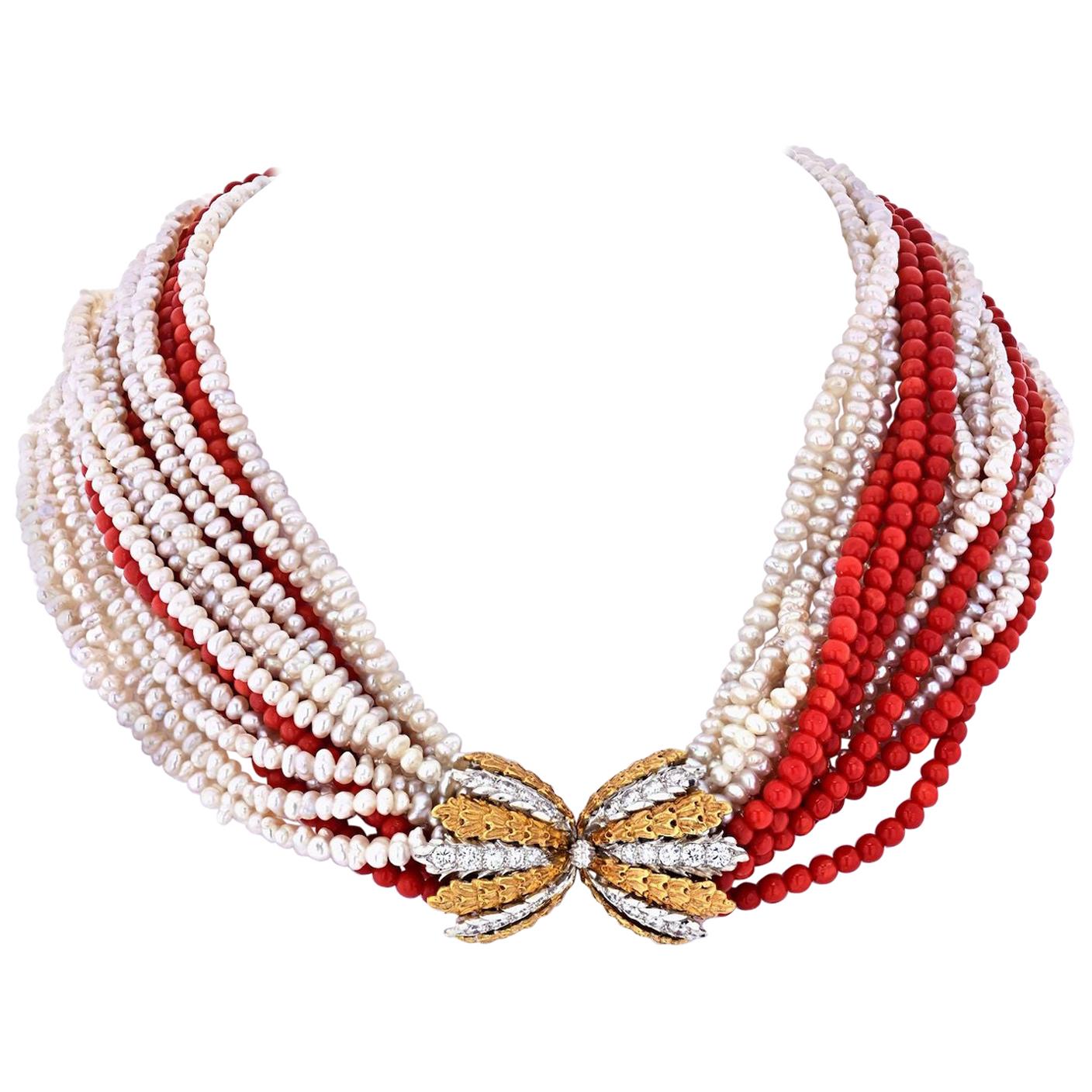Buccellati 18 Karat Yellow Gold 16 String Coral, Pearl Diamond Clasp Necklace For Sale