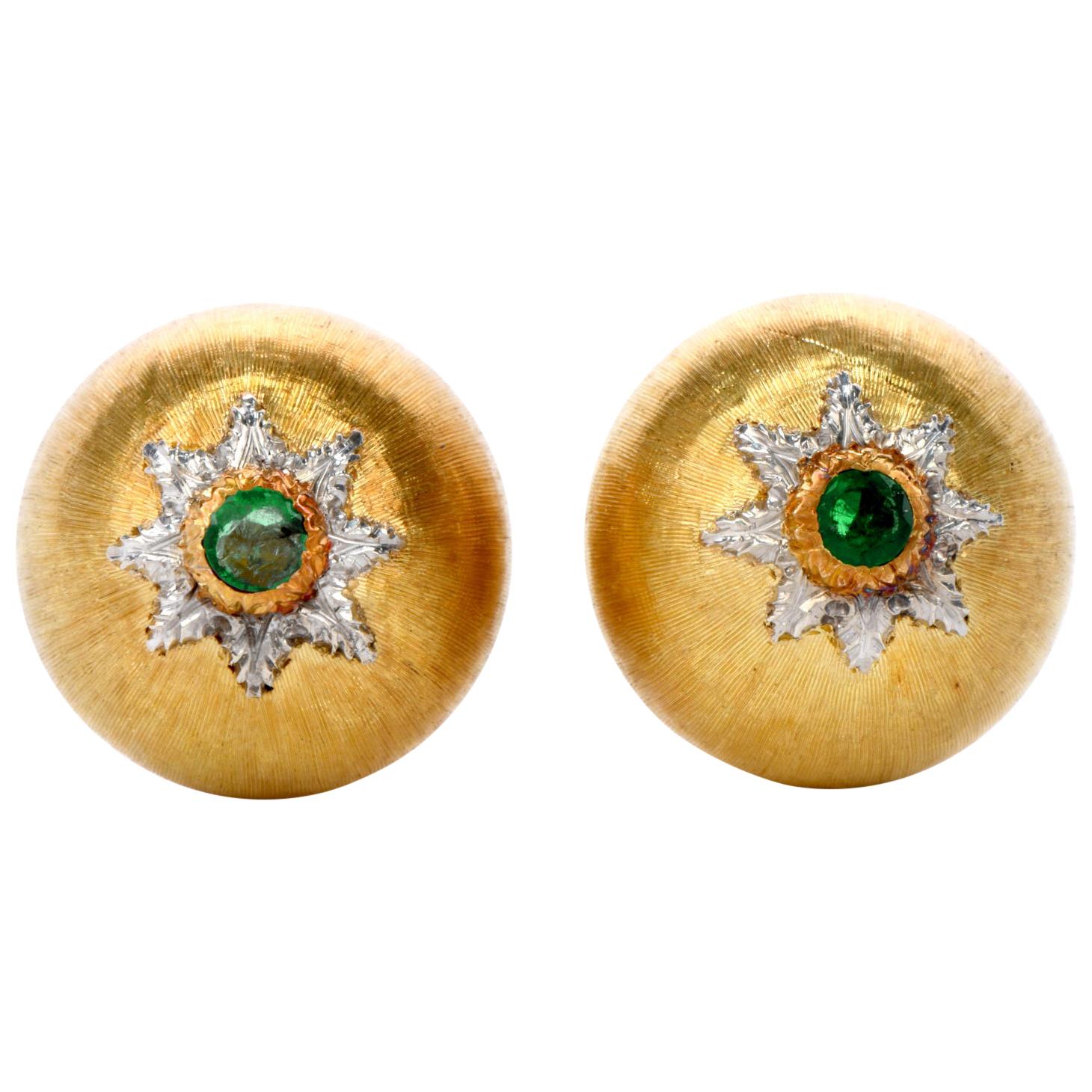 Stunning Buccellati Earrings in 18k yellow gold.

Each earring is set with one high-quality round-cut genuine Emerald totaling 0.30 carats.

Earrings Measure 15mm wide.

Signed Buccellati, Italy, 18k.

Total Weight: 14 grams

Retail Approx.