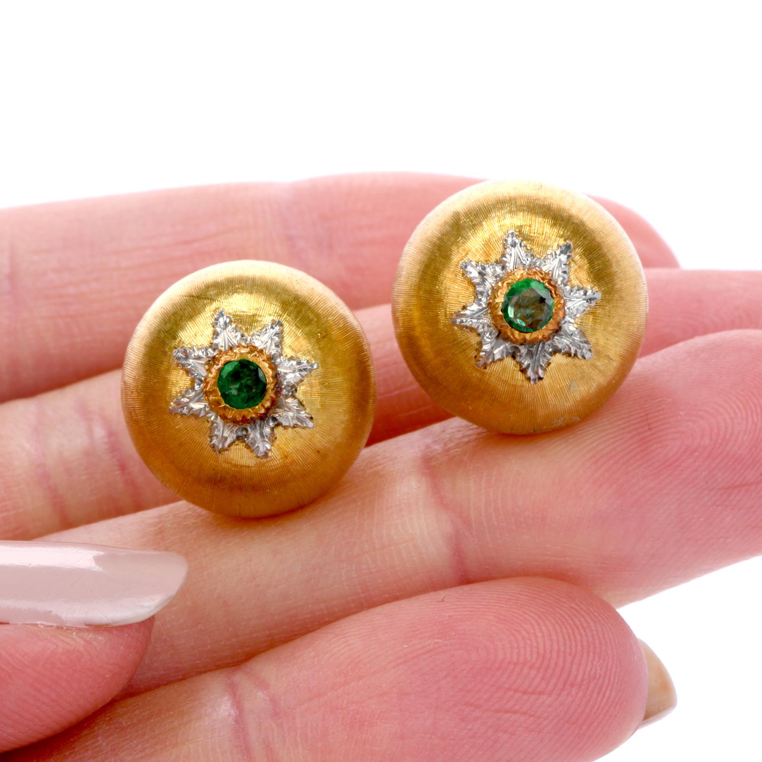 Buccellati 18 Karat Yellow Gold Emerald Dome Shape Button Earrings In Excellent Condition In Miami, FL