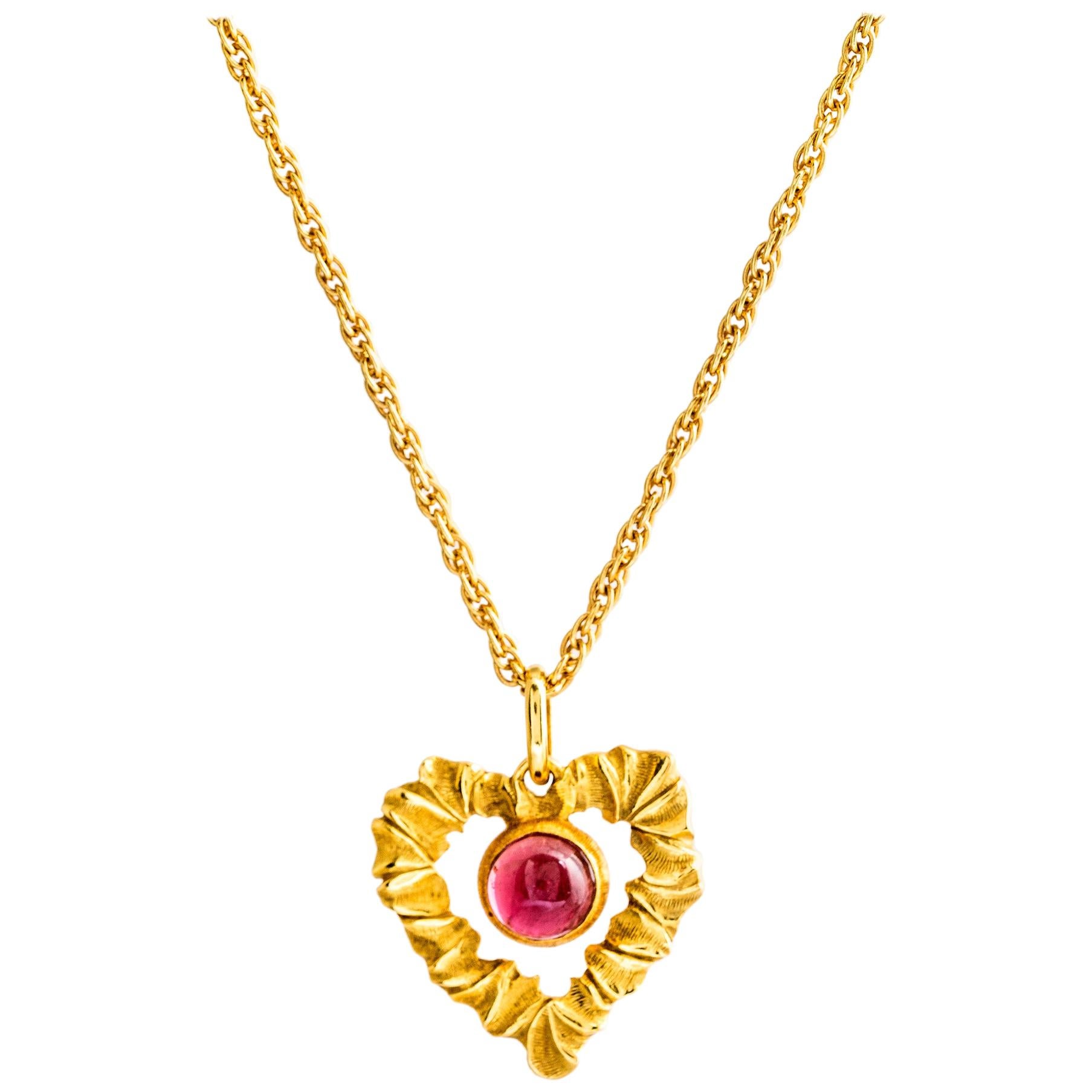 Buccellati 18 Karat Yellow Rubelite Heart Pendant Rope Chain For Sale