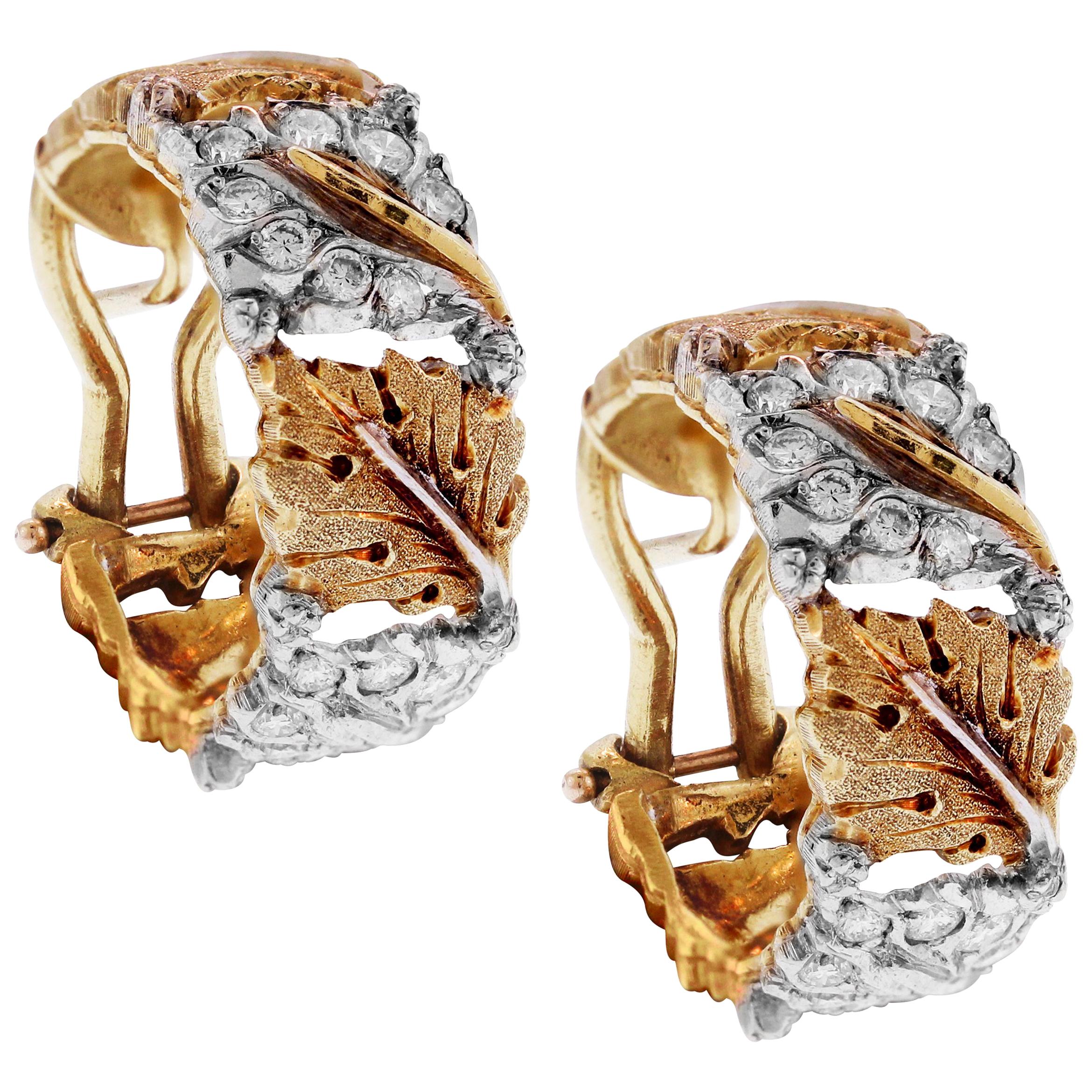 Buccellati 18 Karat Yellow White Gold Diamond Floral Hoop Earrings