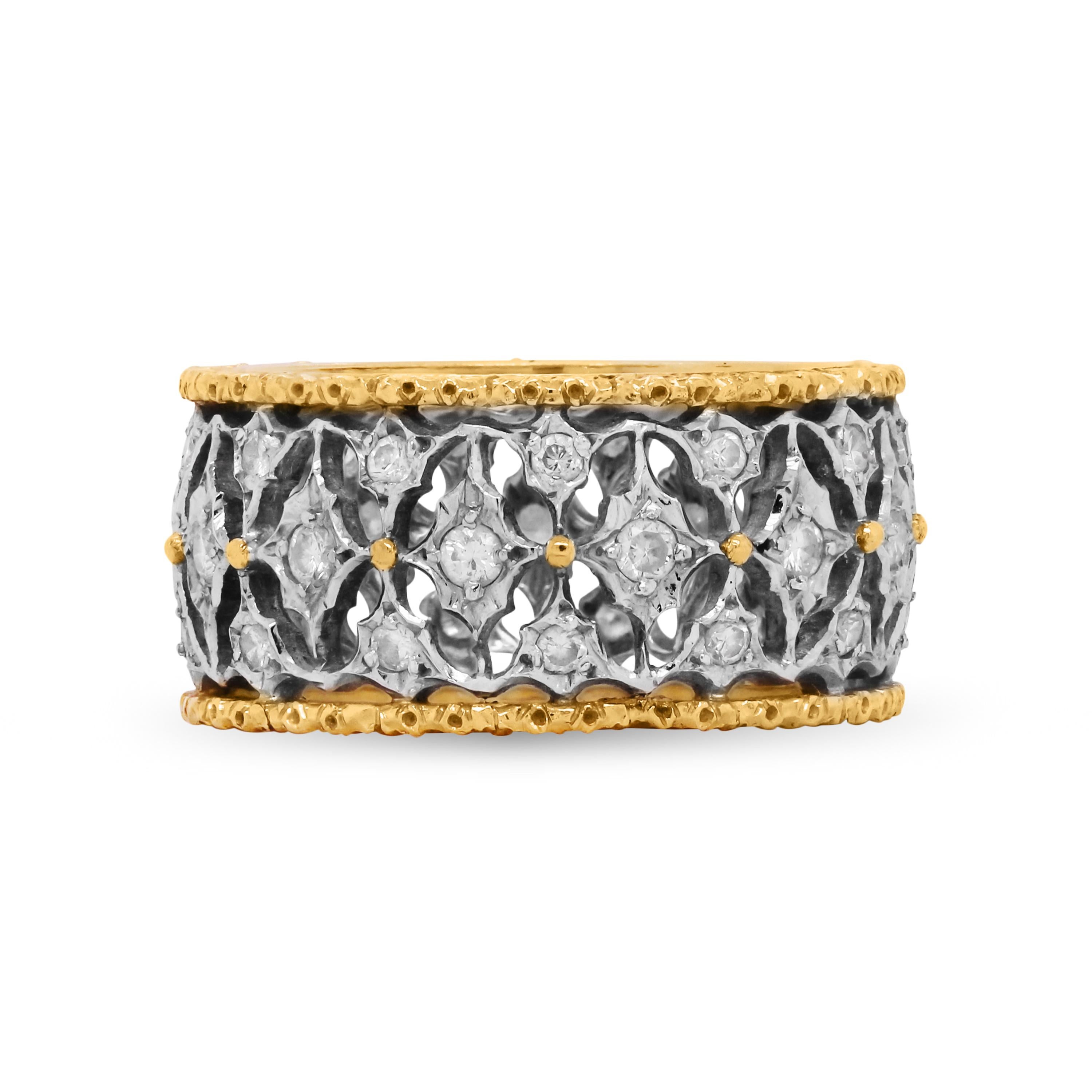 Buccellati 18 Karat Yellow White Two-Tone Gold Diamond Band Ring

Diamonds are set in 18 karat white gold with the edges of the band being in 18 karat yellow gold.

Size 6. Band is 10mm in width.

Signed Buccellati