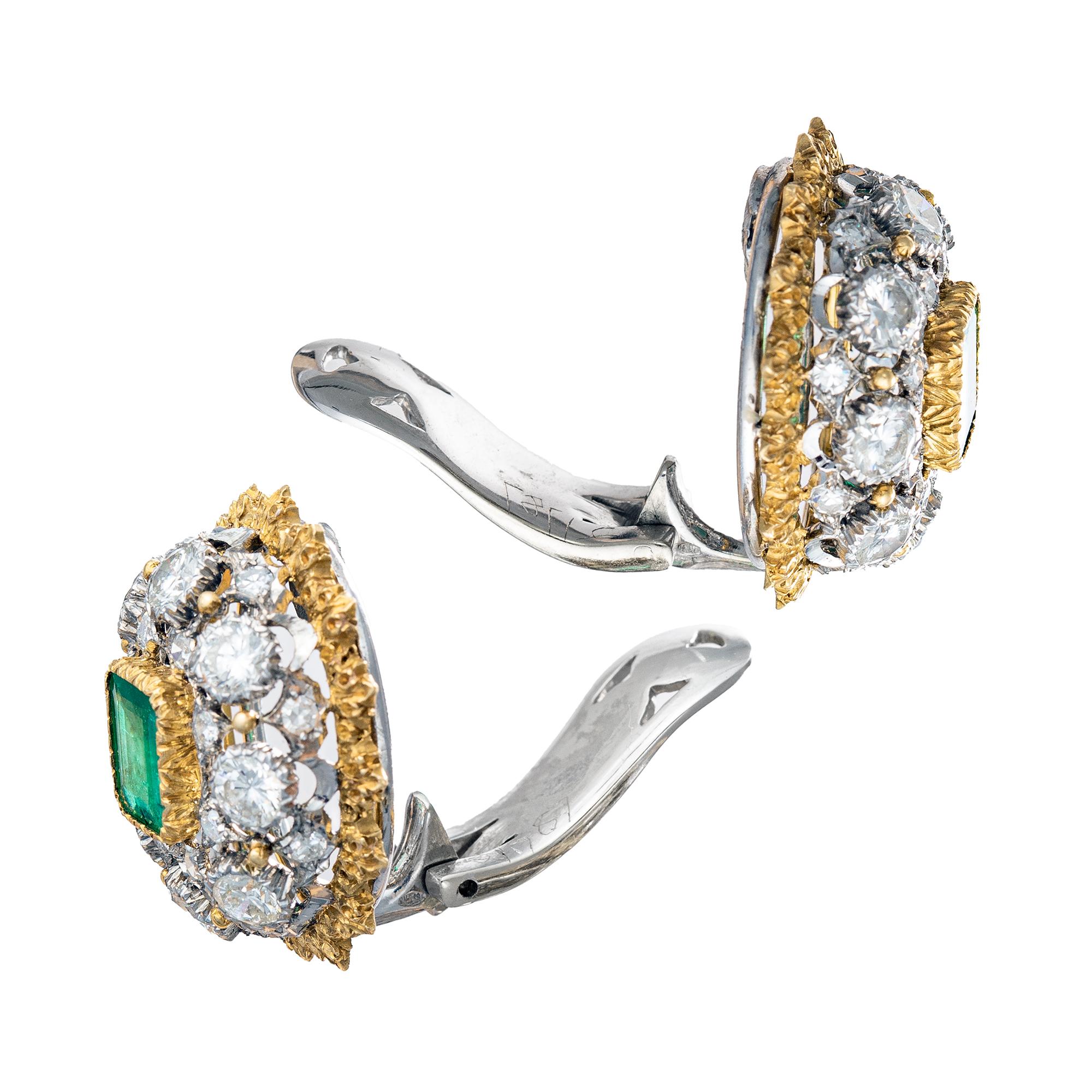 Buccellati 18k Gold Emerald Diamond Domed Clip Earrings For Sale 5