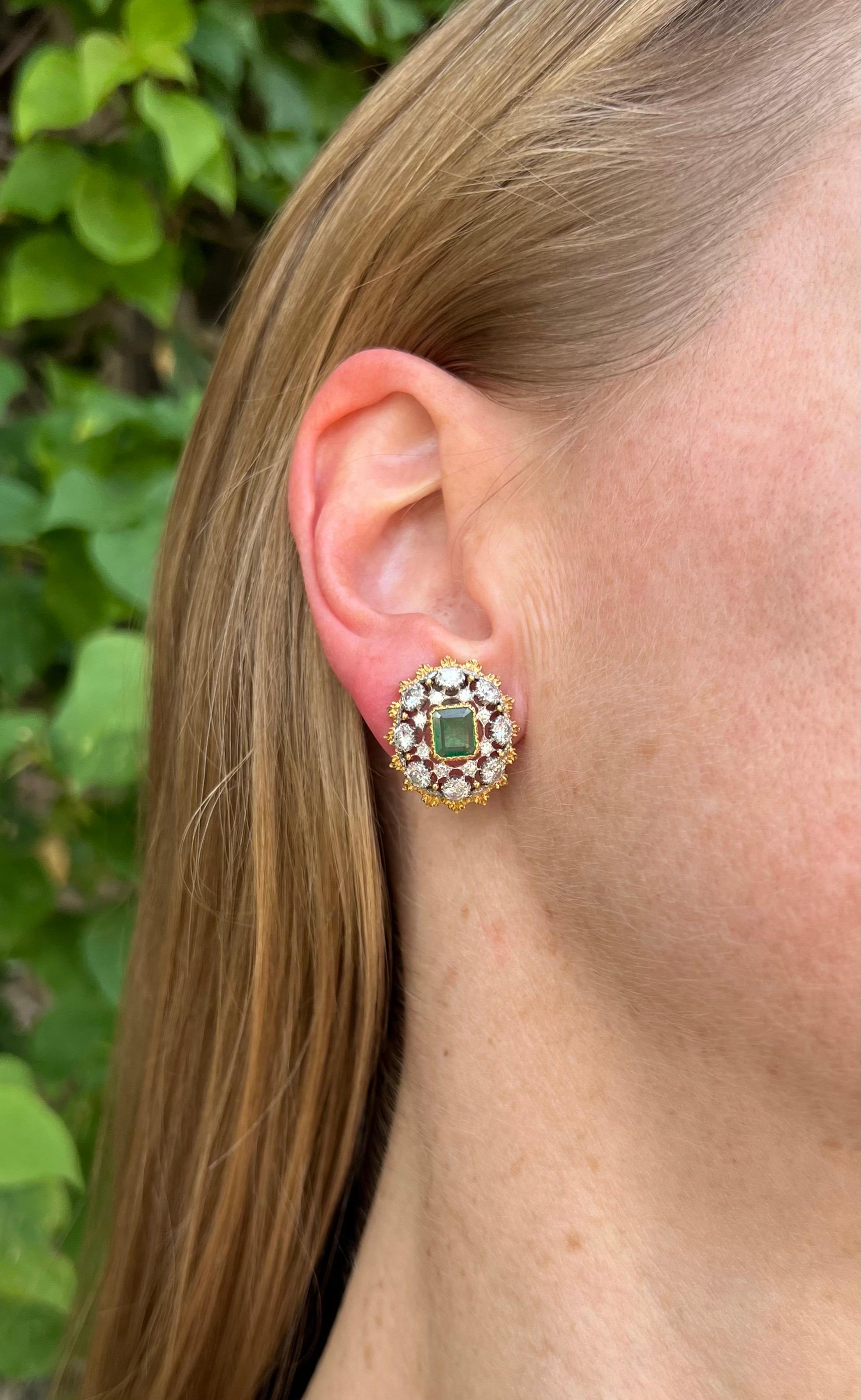 Buccellati 18k Gold Emerald Diamond Domed Clip Earrings For Sale 6