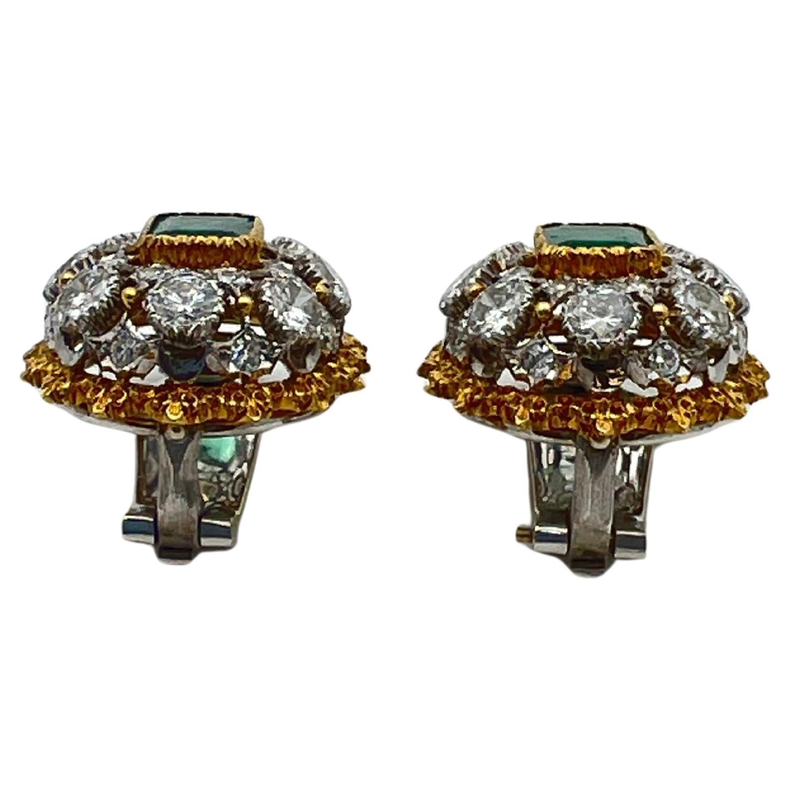 Round Cut Buccellati 18k Gold Emerald Diamond Domed Clip Earrings For Sale