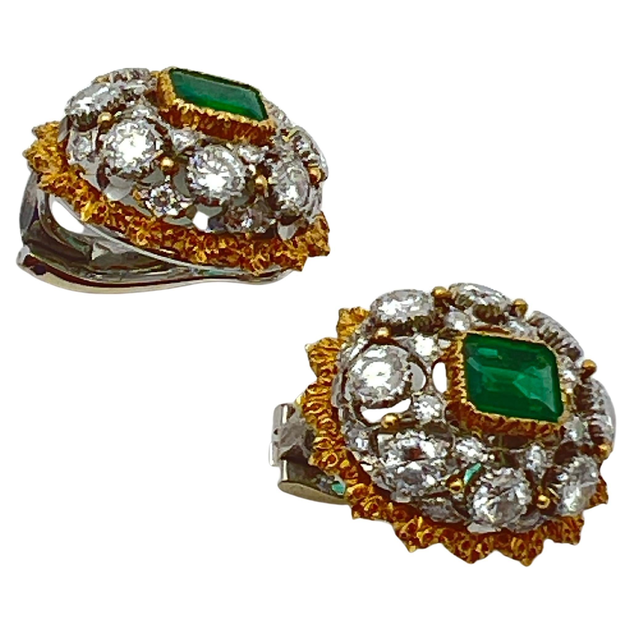 Buccellati 18k Gold Emerald Diamond Domed Clip Earrings For Sale 1