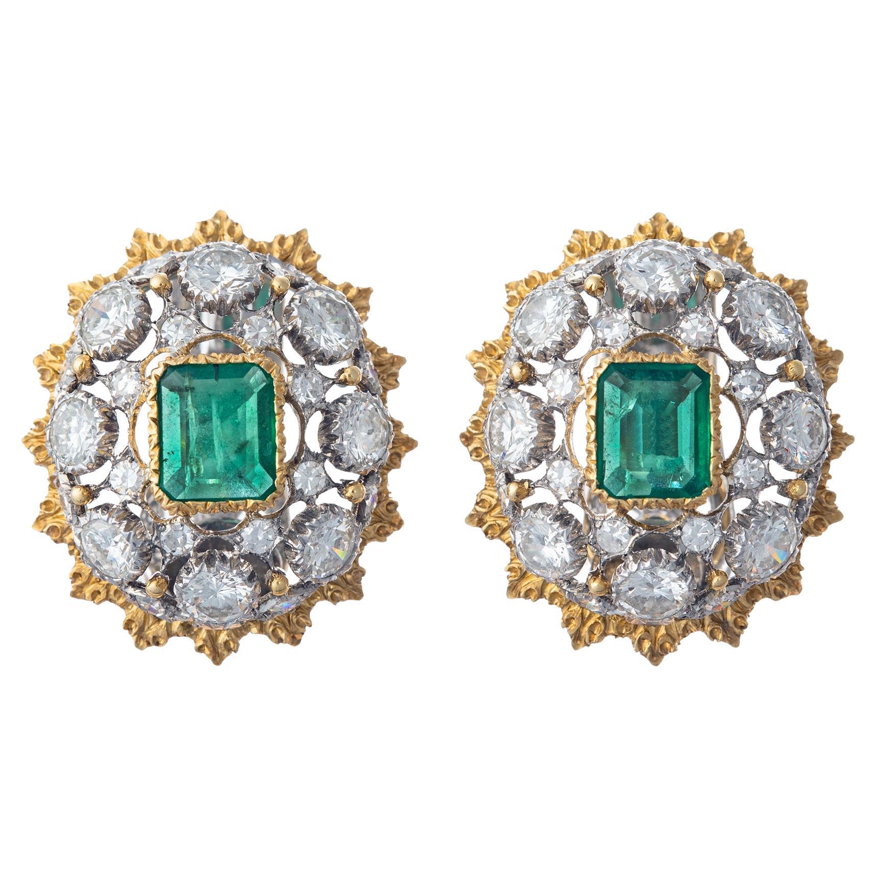 Buccellati 18k Gold Emerald Diamond Domed Clip Earrings For Sale