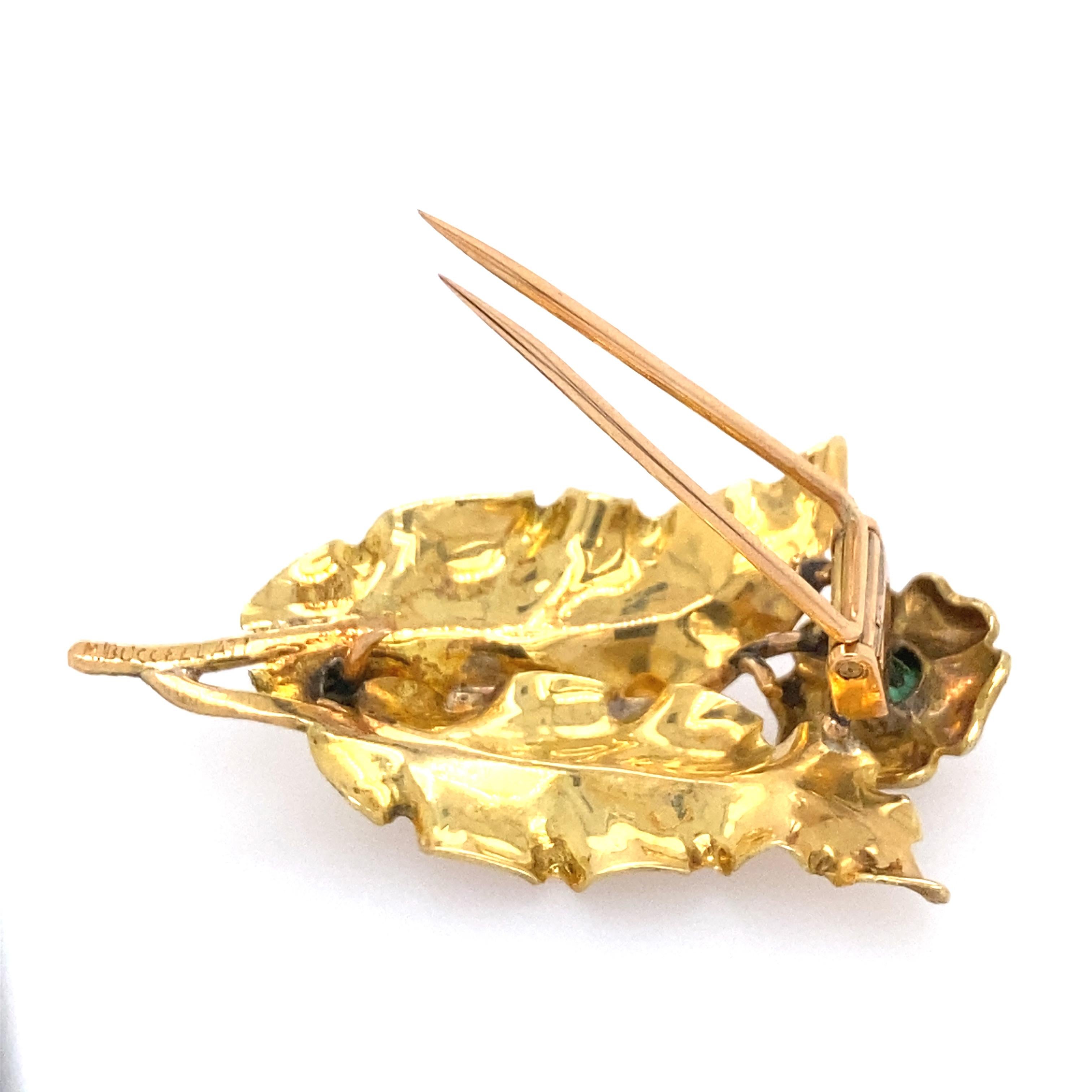 Buccellati 18k Gold Emerald Flower Brooch In Good Condition For Sale In New York, NY