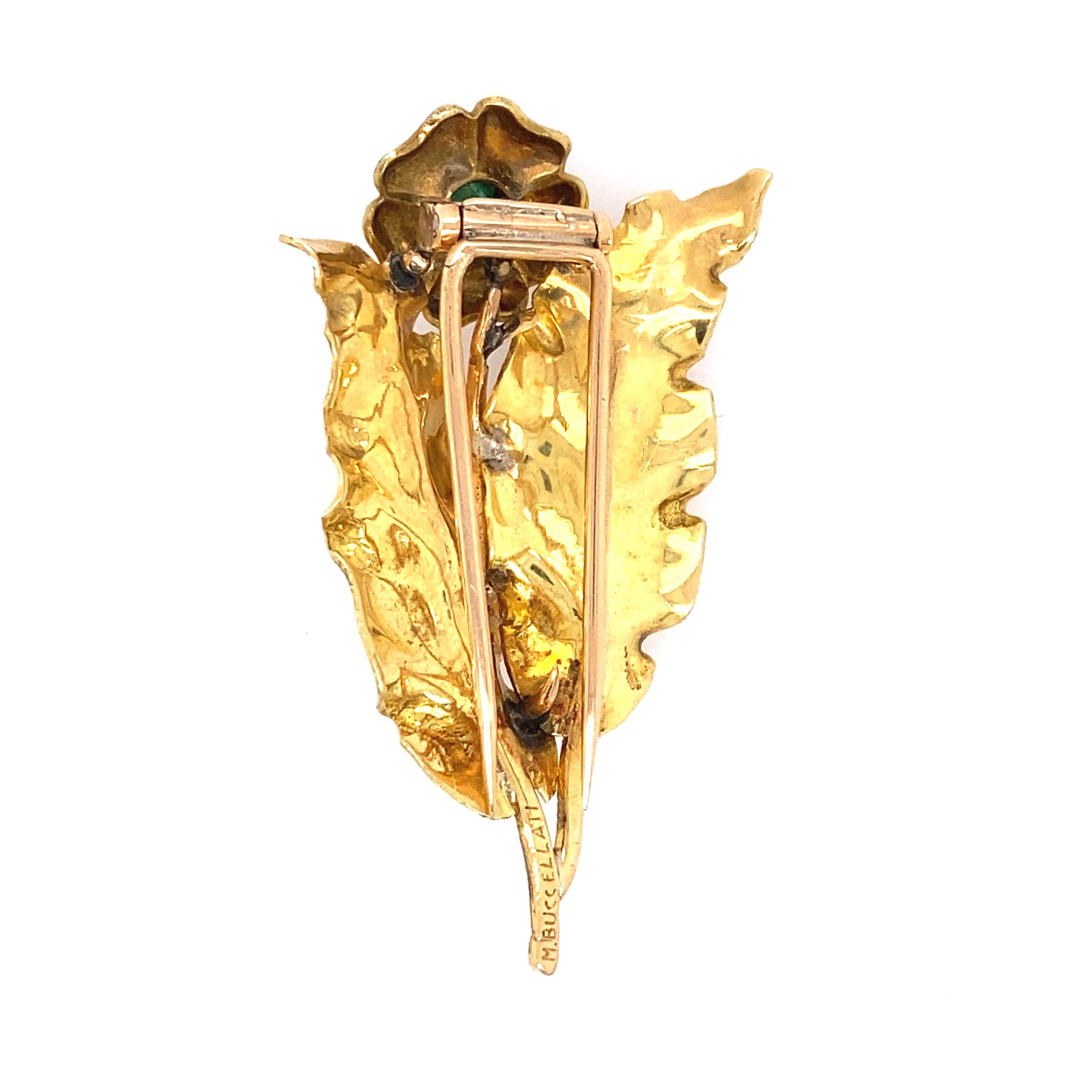 Buccellati 18k Gold Emerald Flower Brooch For Sale 1